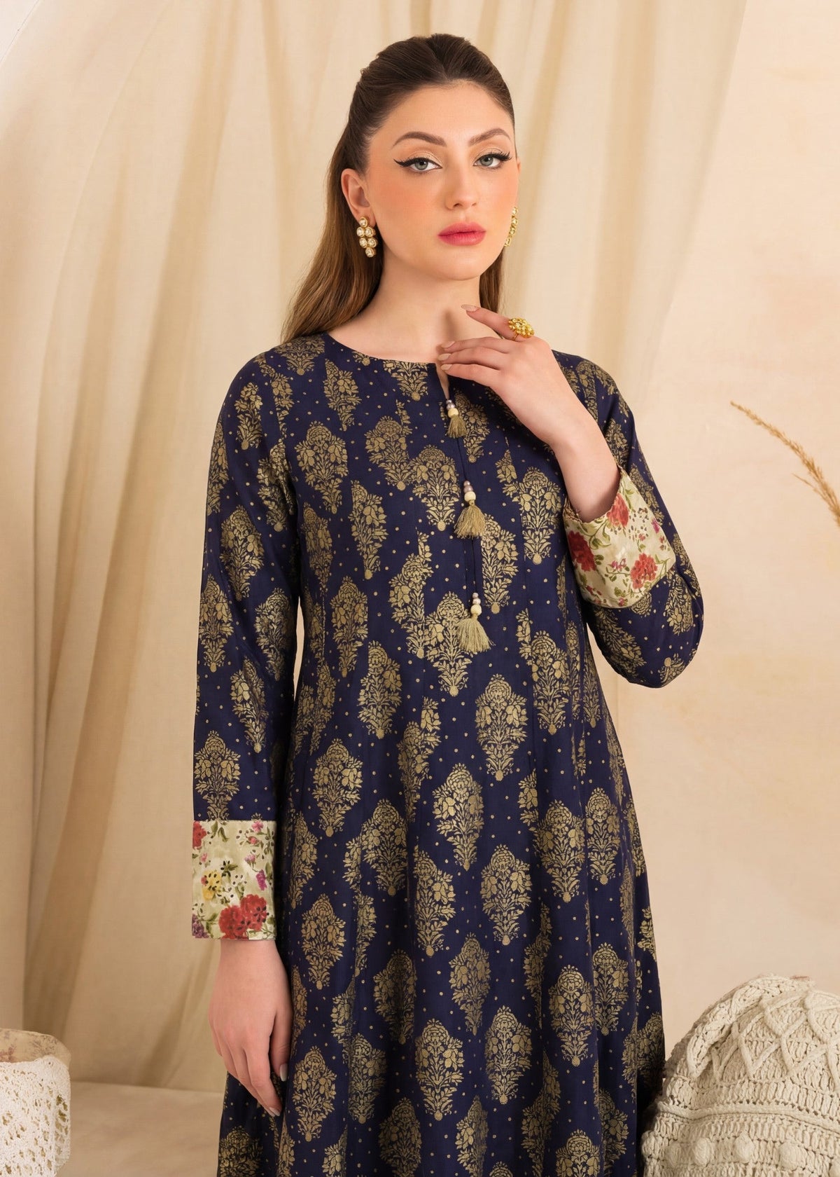 Linen Pishwas in Navy blue
