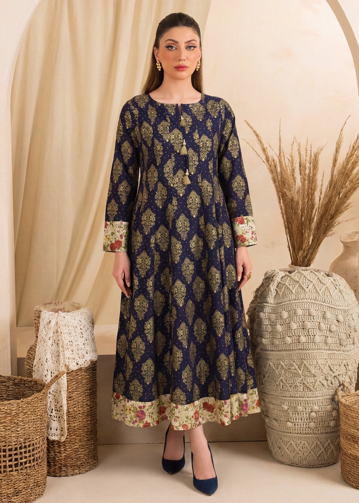 Linen Pishwas in Navy blue