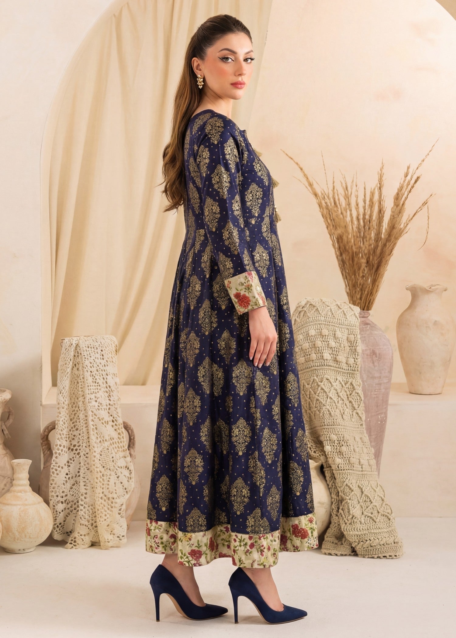 Linen Pishwas in Navy blue