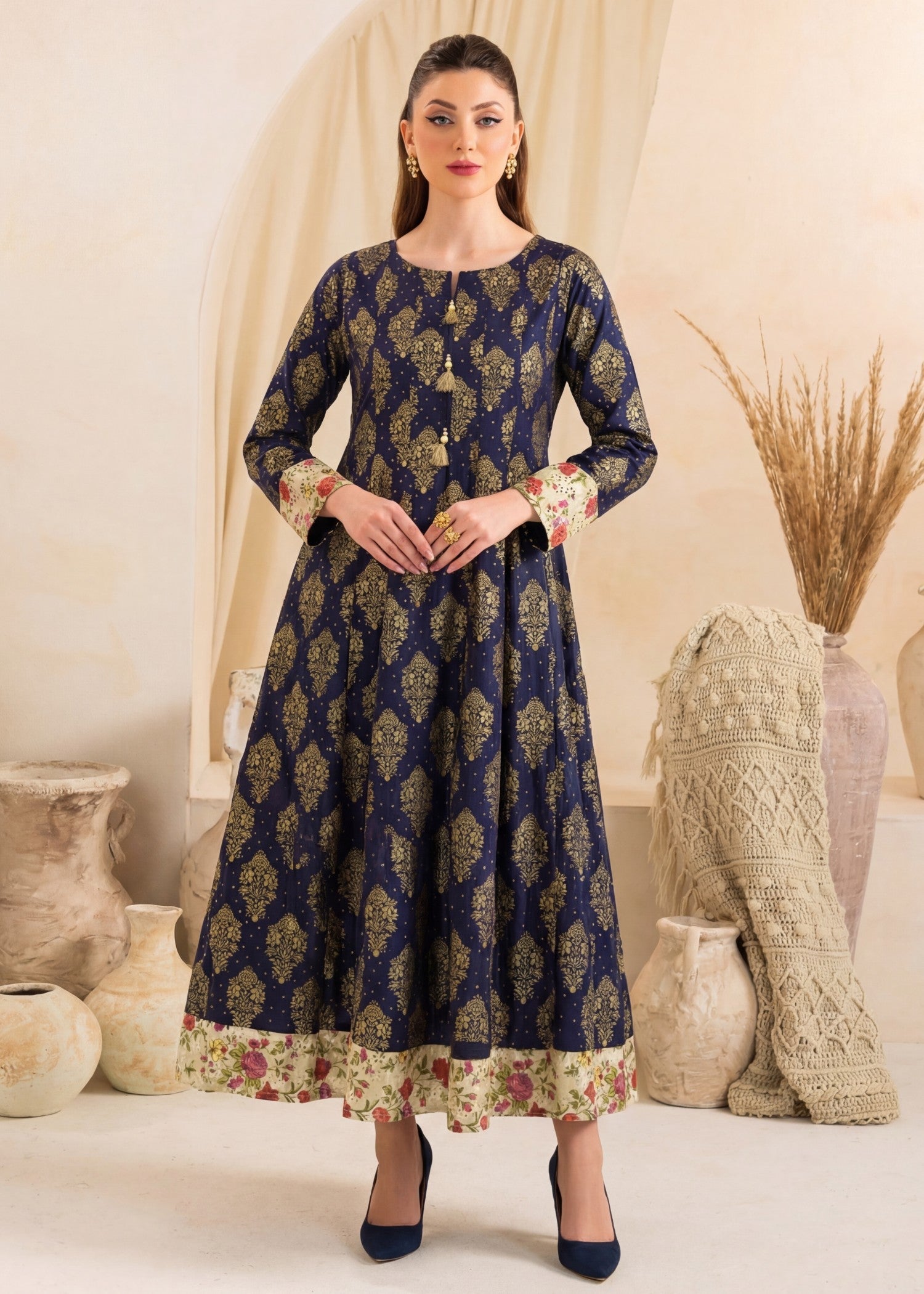 Linen Pishwas in Navy blue