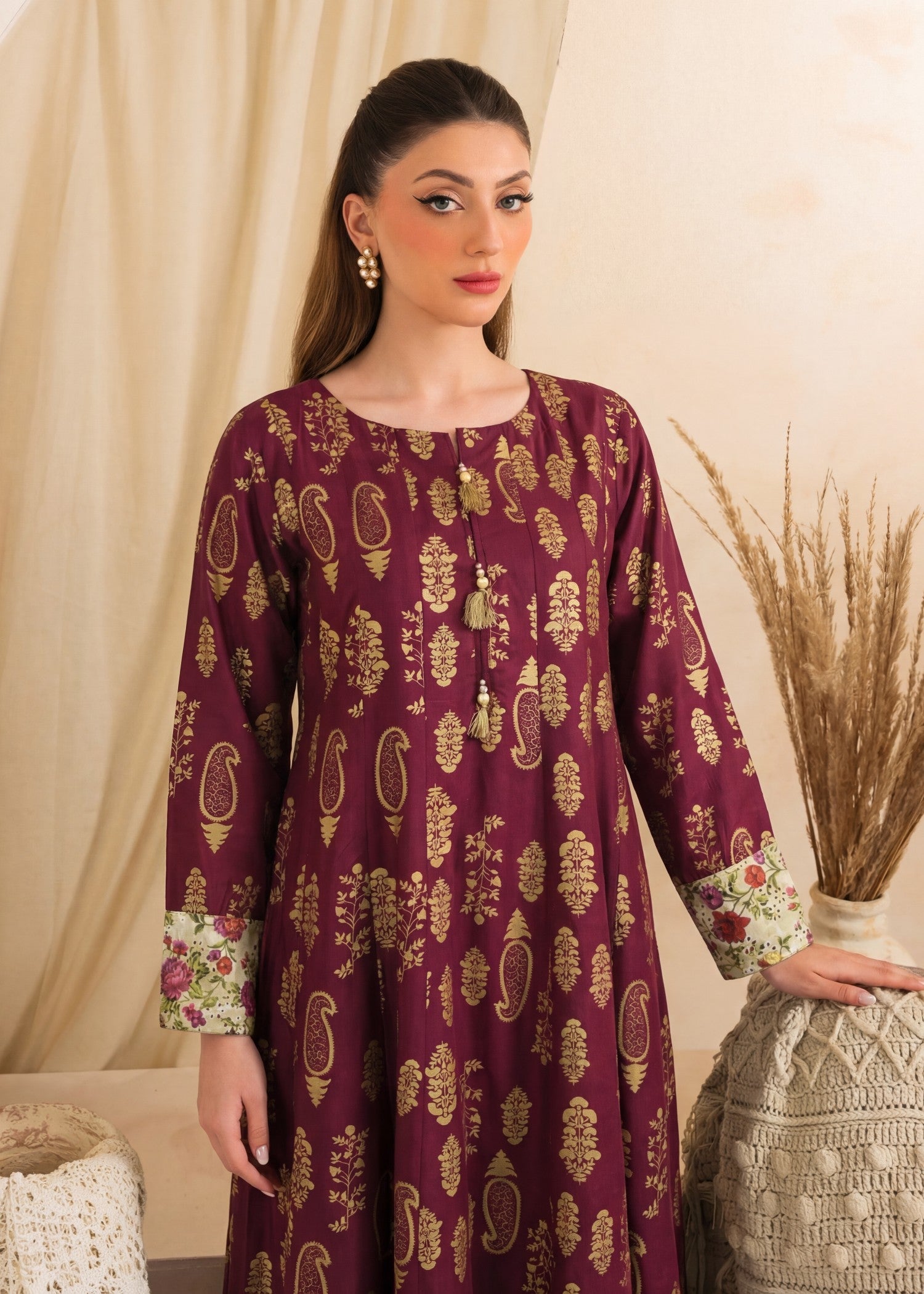 Linen Pishwas in Berry red