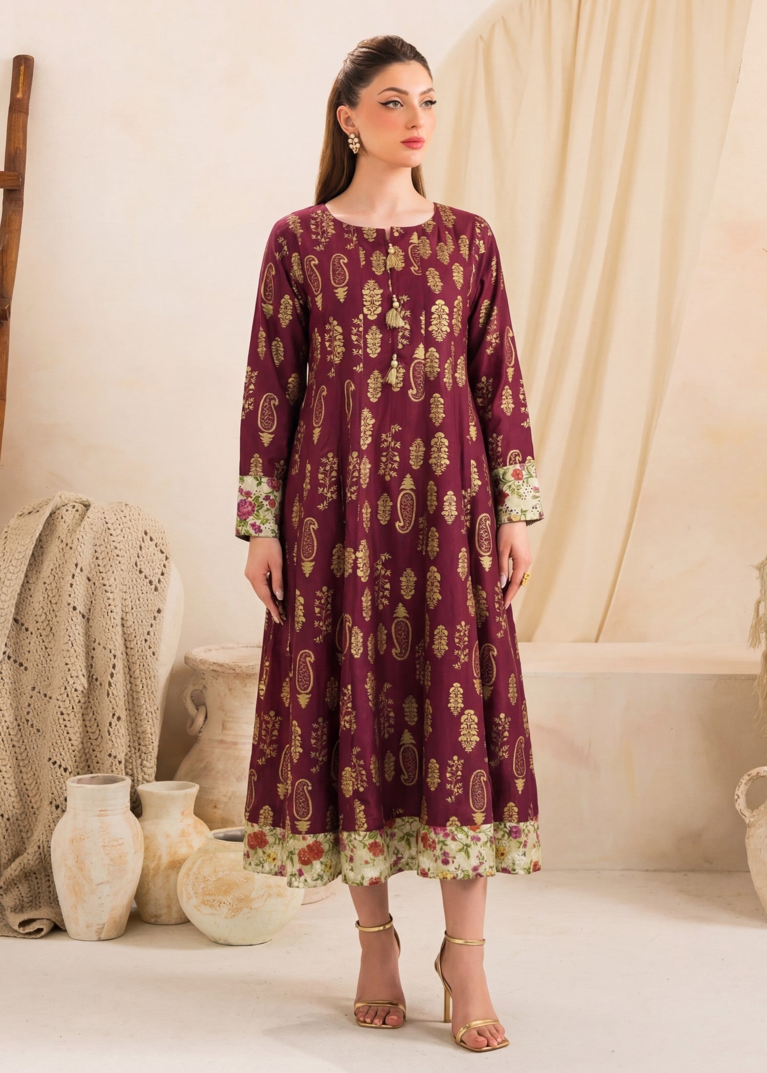 Linen Pishwas in Berry red