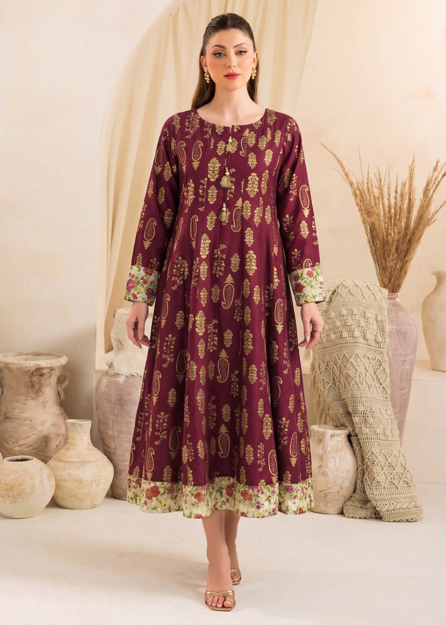 Linen Pishwas in Berry red