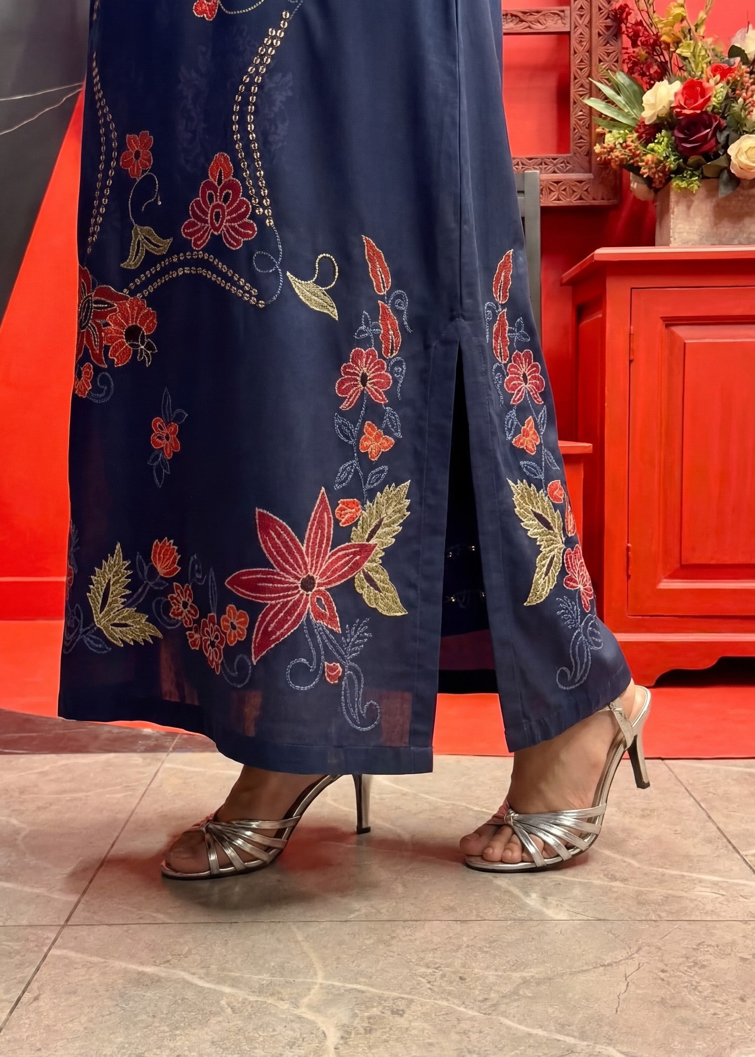 Poly silk Kaftan in Navy blue