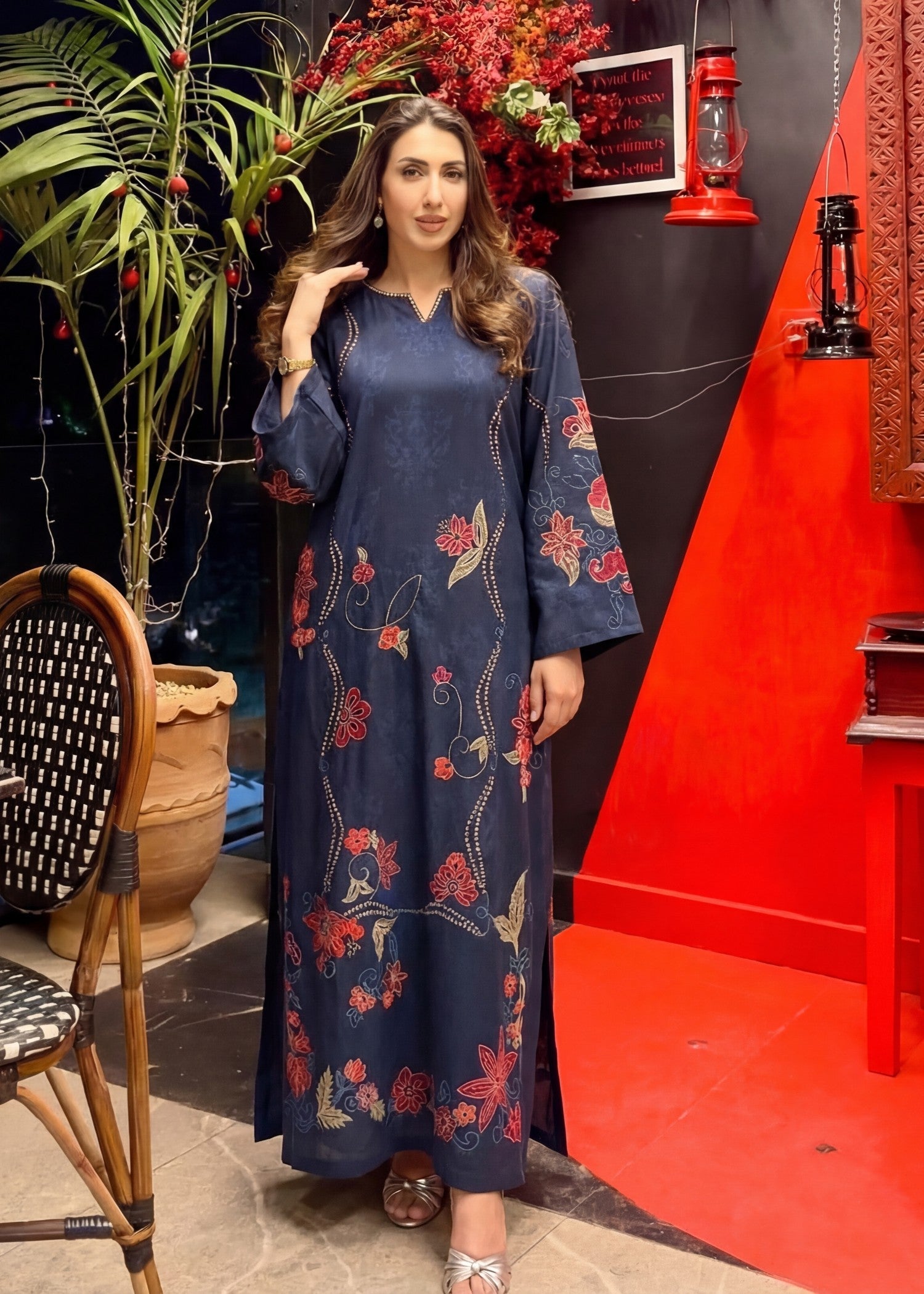 Poly silk Kaftan in Navy blue