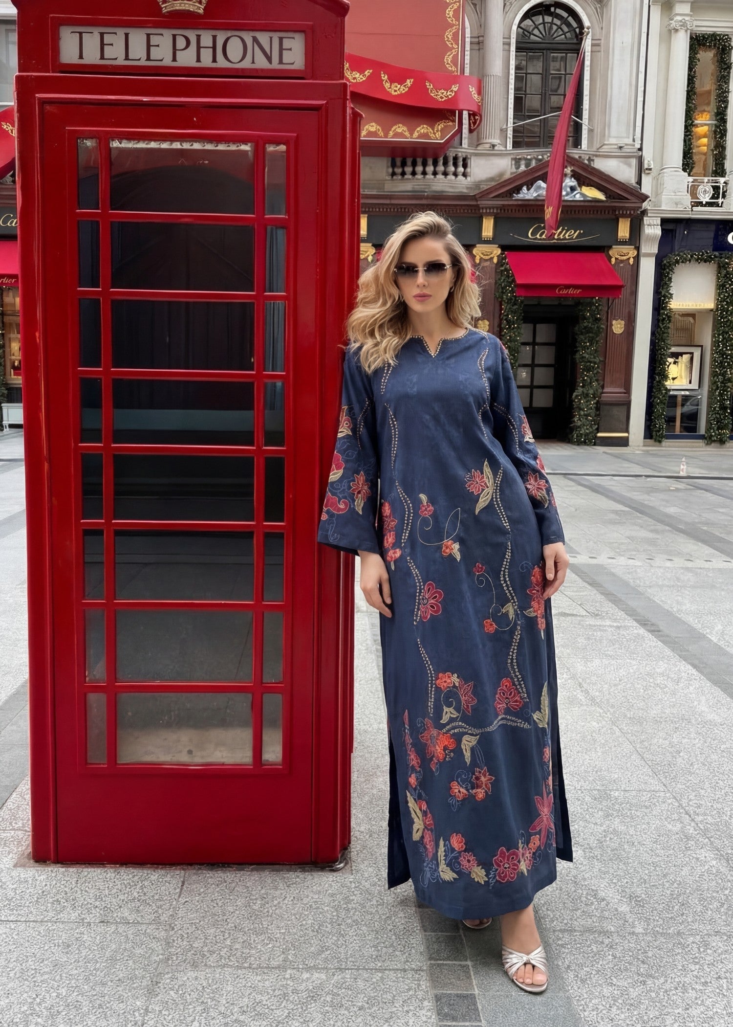 Poly silk Kaftan in Navy blue