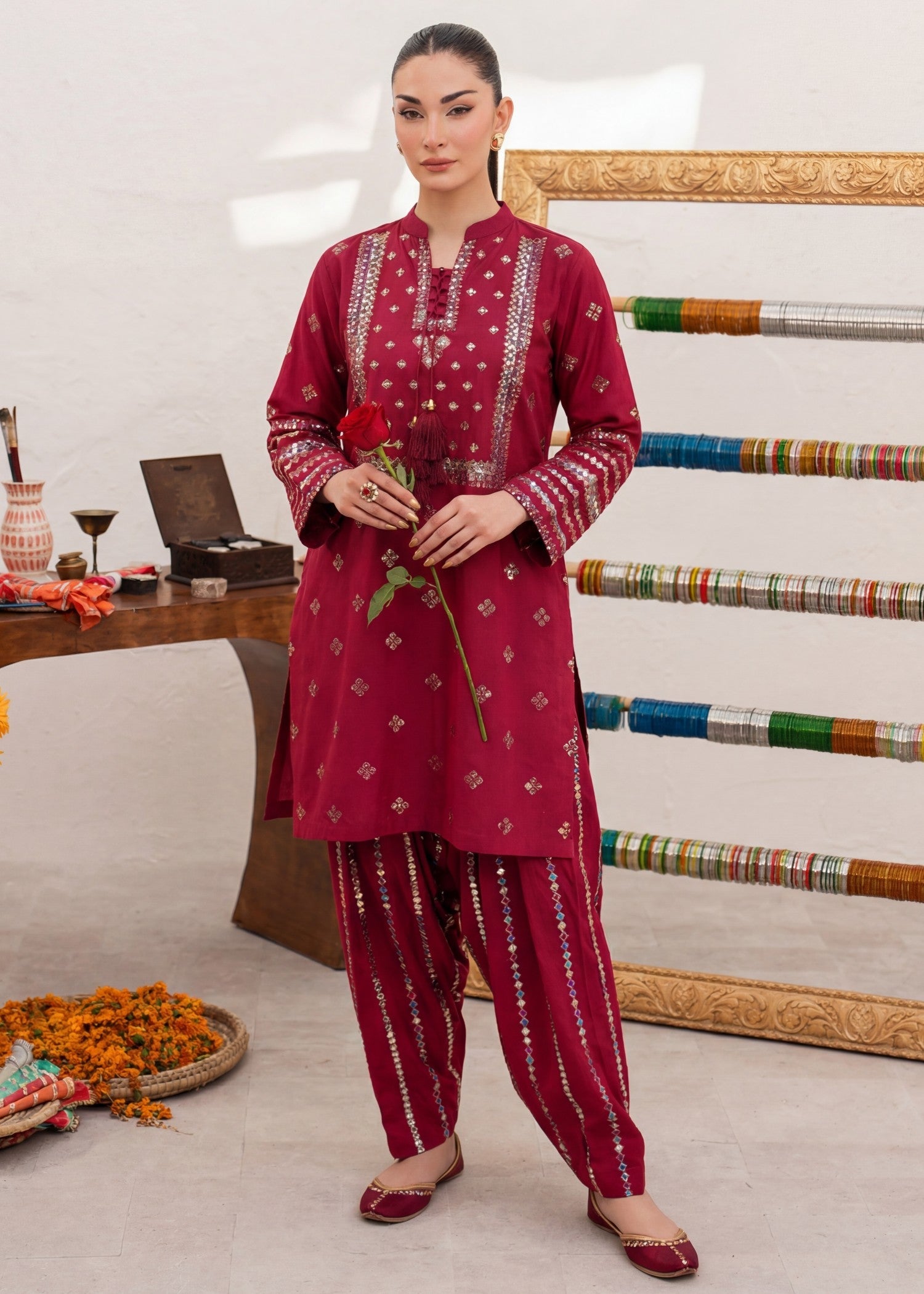 Lawn Kurta Set in Cardinal red