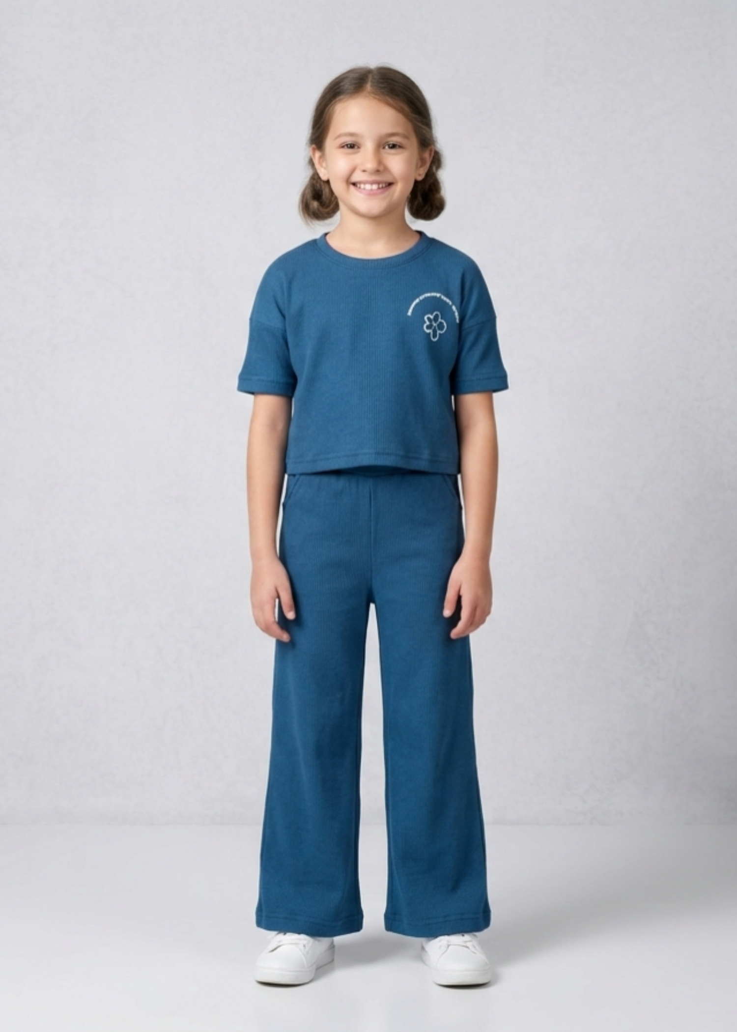 CHIC-COTTON-2X1 Rib Co Ord Set With Printed T Shirt Wide Leg Trouser