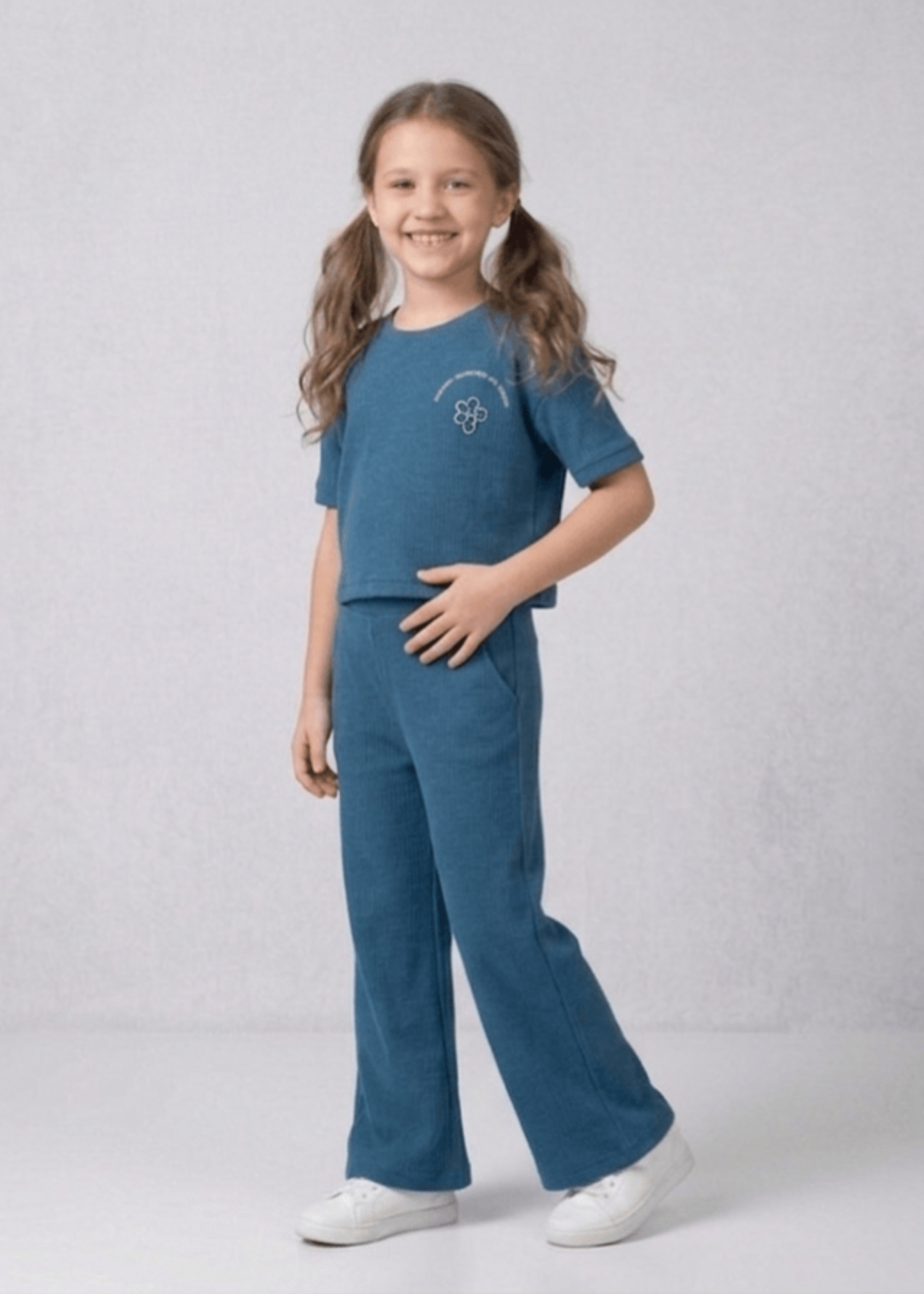 CHIC-COTTON-2X1 Rib Co Ord Set With Printed T Shirt Wide Leg Trouser