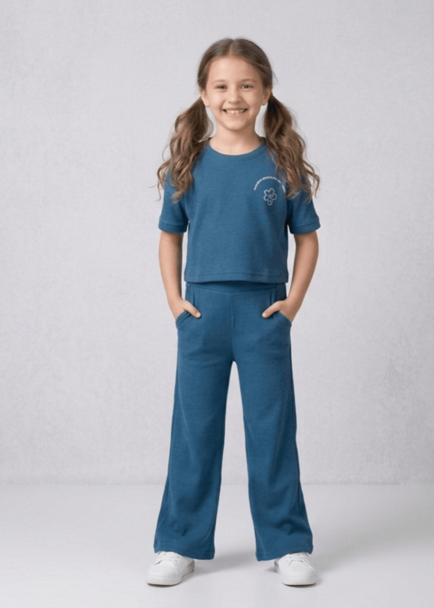 CHIC-COTTON-2X1 Rib Co Ord Set With Printed T Shirt Wide Leg Trouser