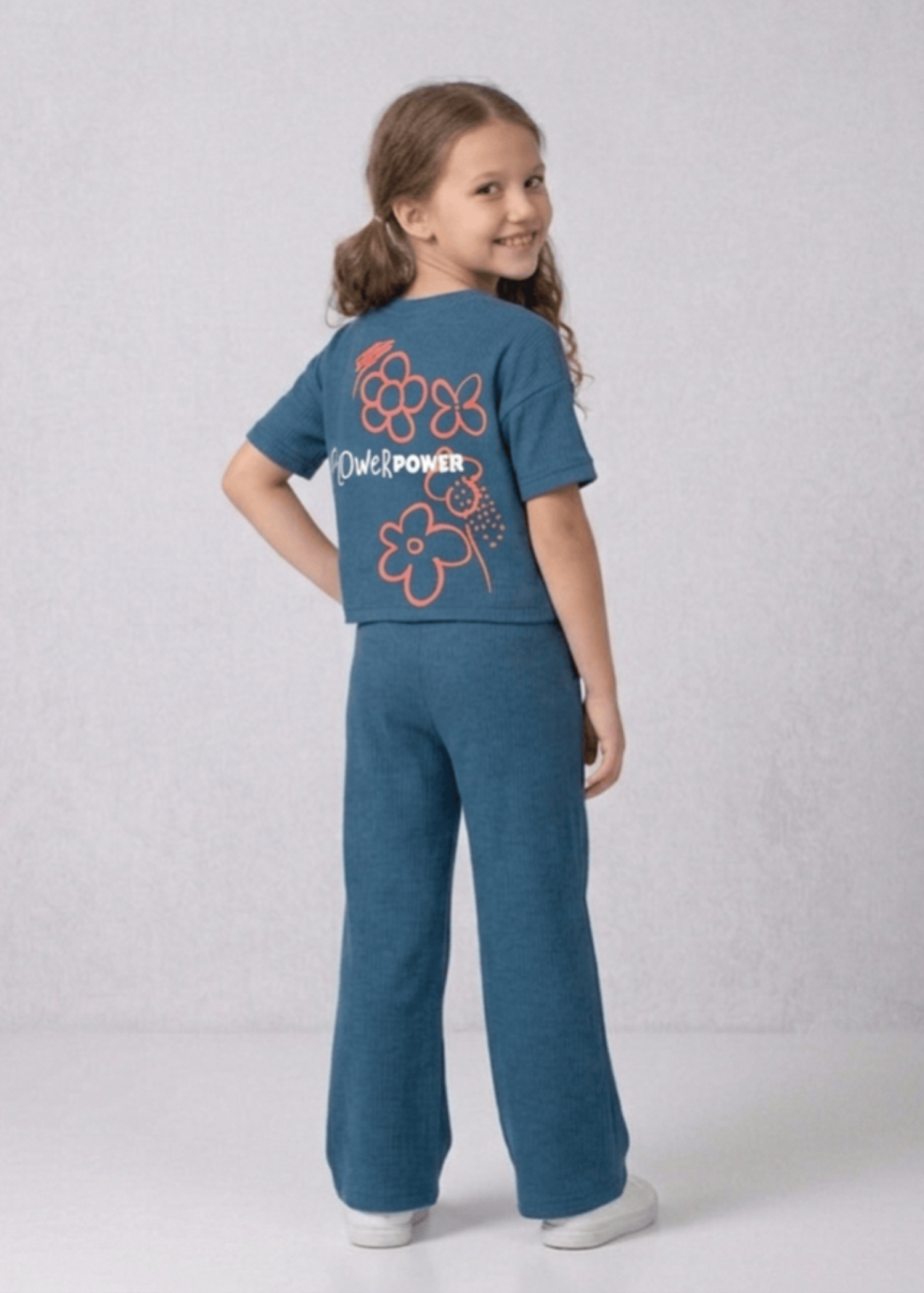 CHIC-COTTON-2X1 Rib Co Ord Set With Printed T Shirt Wide Leg Trouser