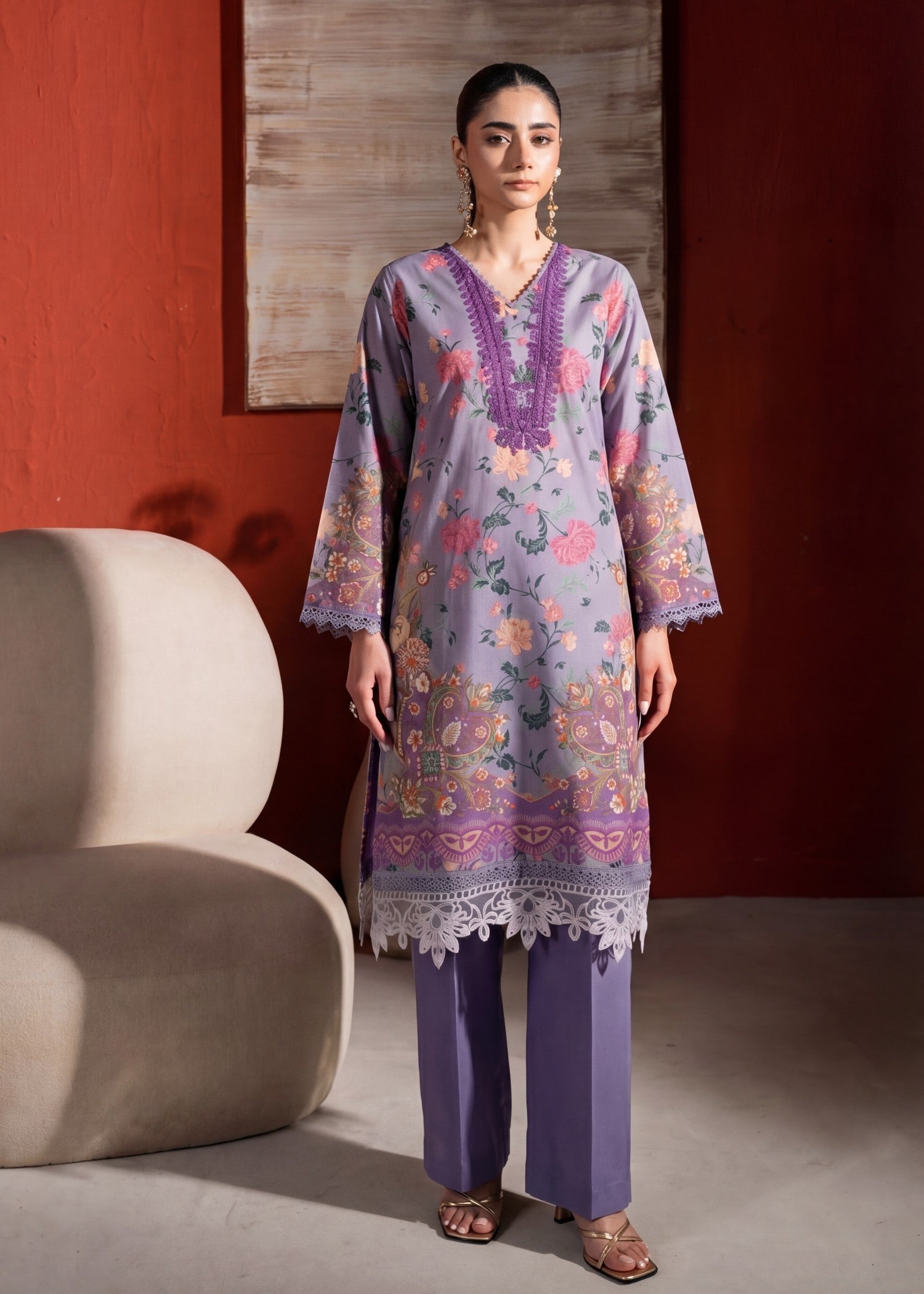 Lawn Kurta Set in Purple mountain majesty