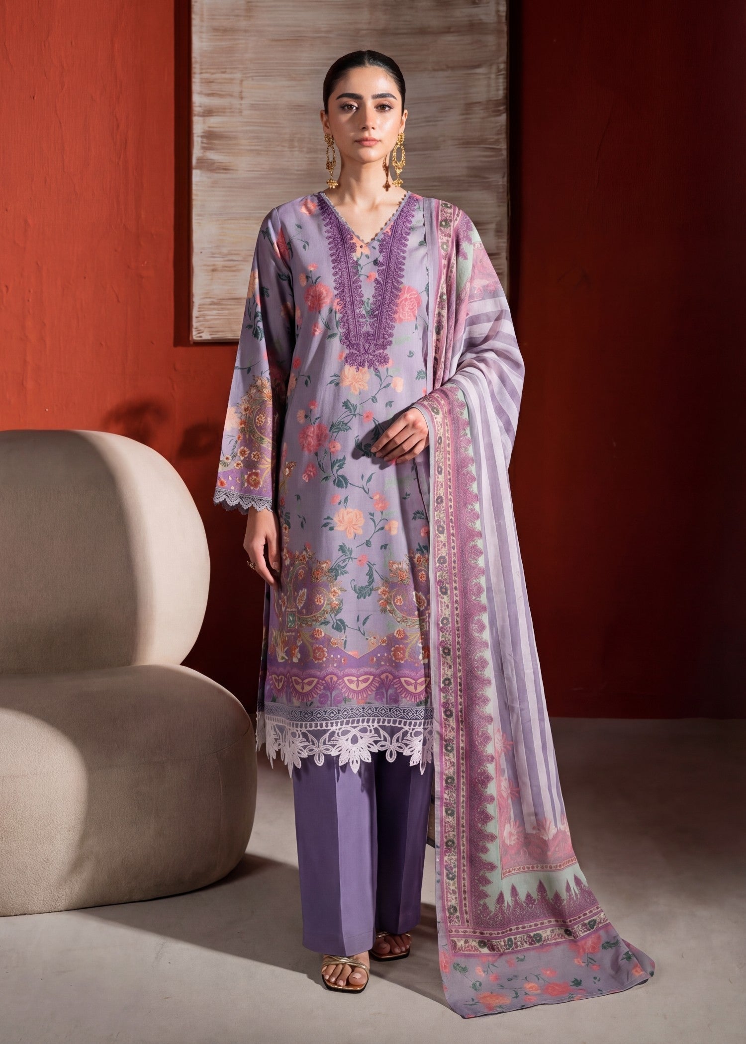 Lawn Kurta Set in Purple mountain majesty