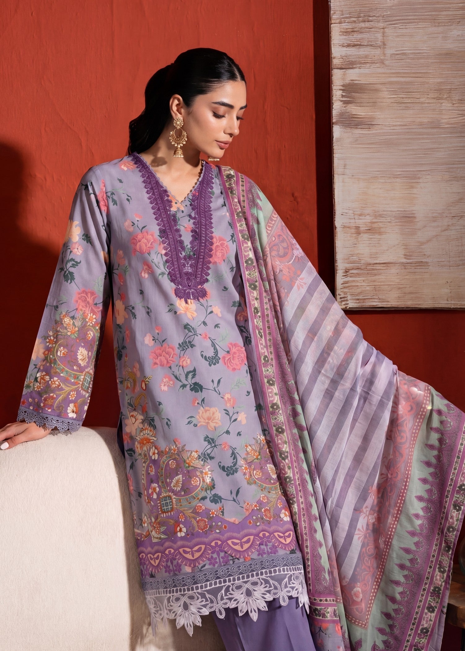 Lawn Kurta Set in Purple mountain majesty