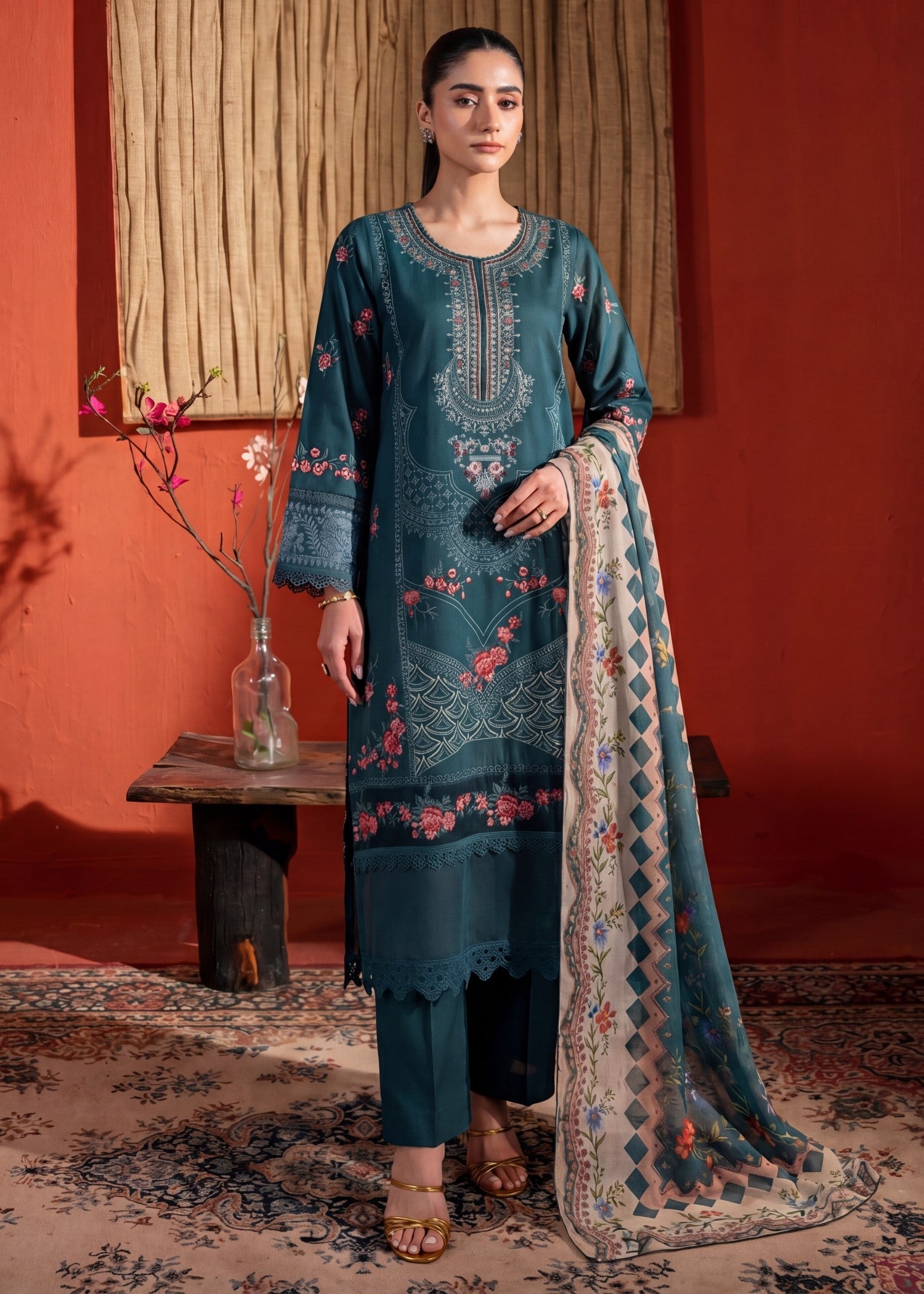 Lawn Kurta Set in Bottle green