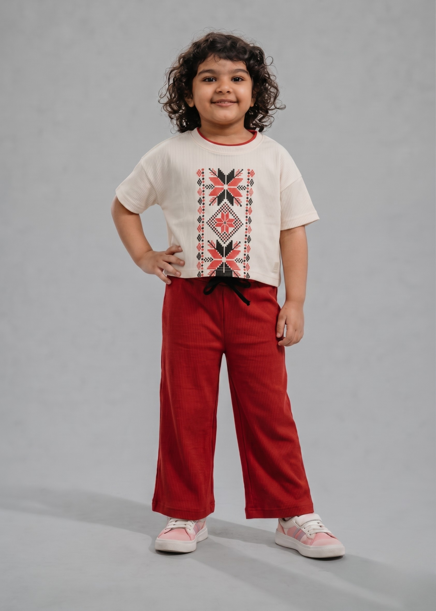 GIRLS-100-1X1 - Cotton Rib Two Piece Set Boxy Nordic Print Tee Wide Leg Trousers