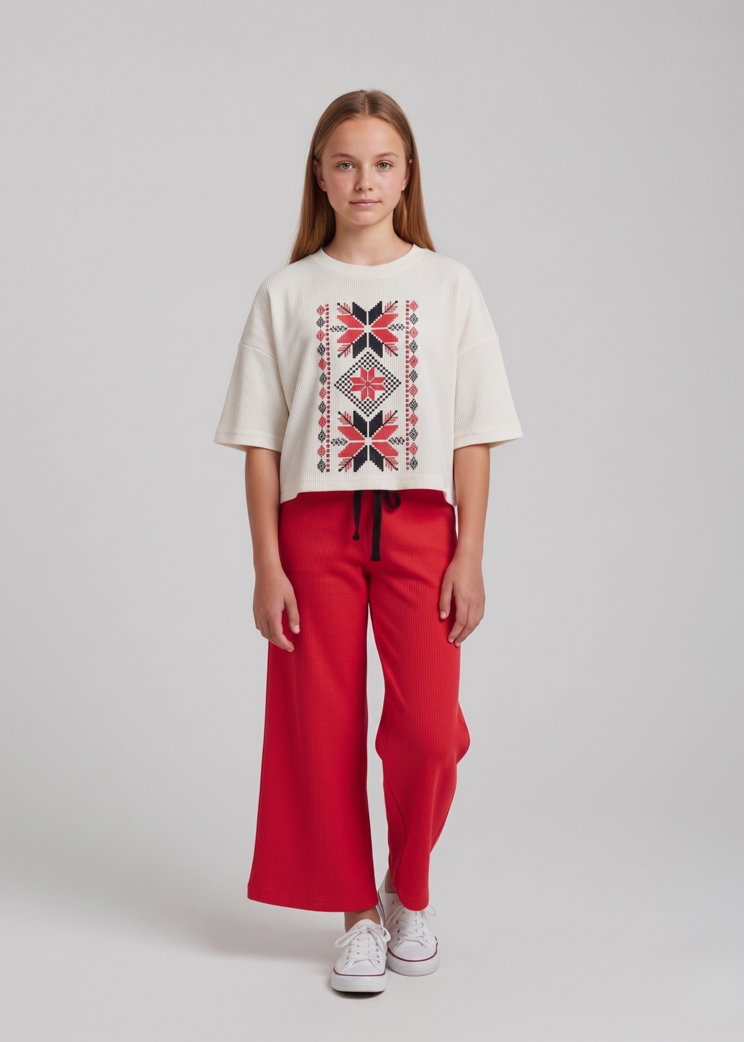 GIRLS-100-1X1 - Cotton Rib Two Piece Set Boxy Nordic Print Tee Wide Leg Trousers