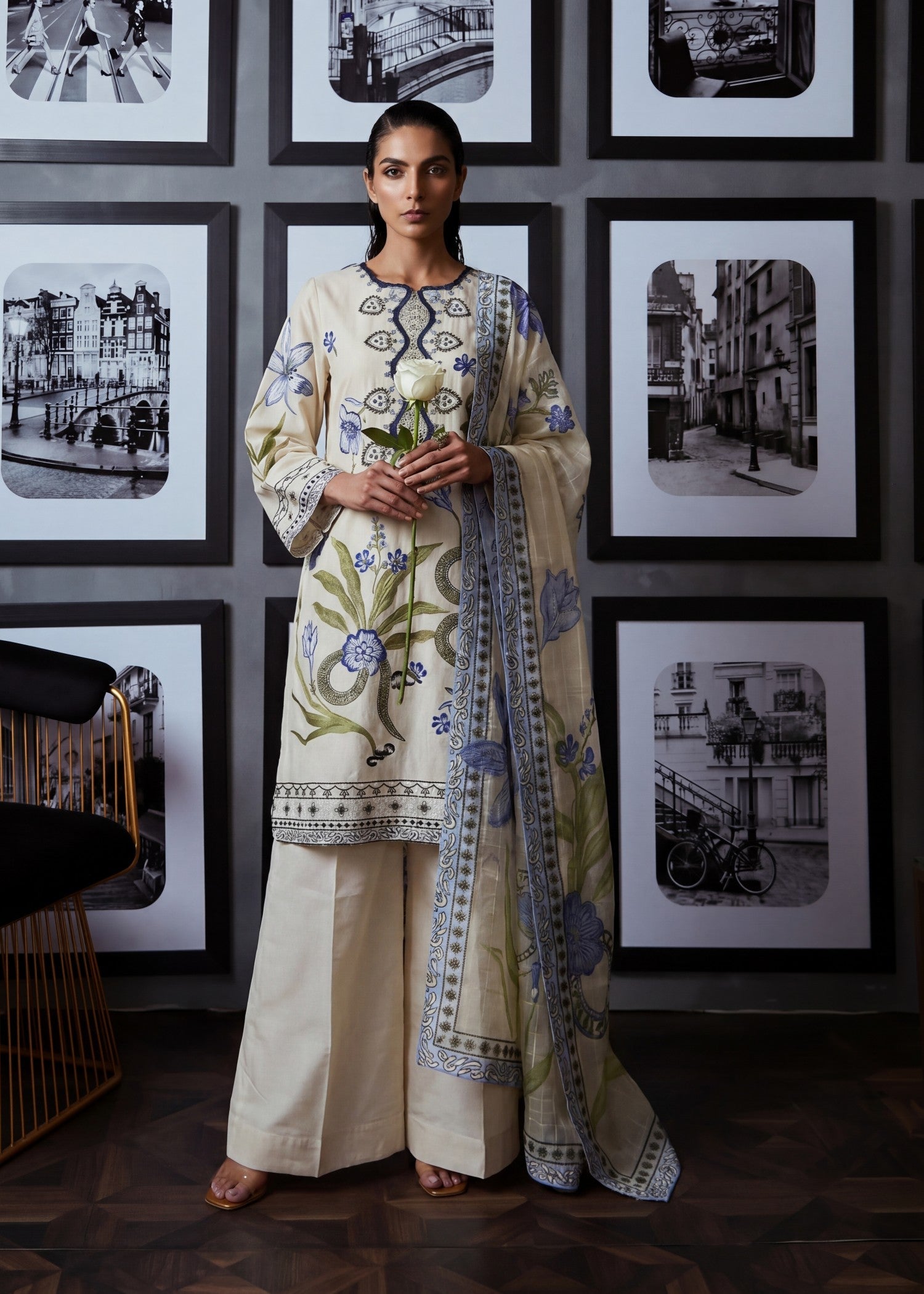 Textured lawn Kurta Set in Ivory