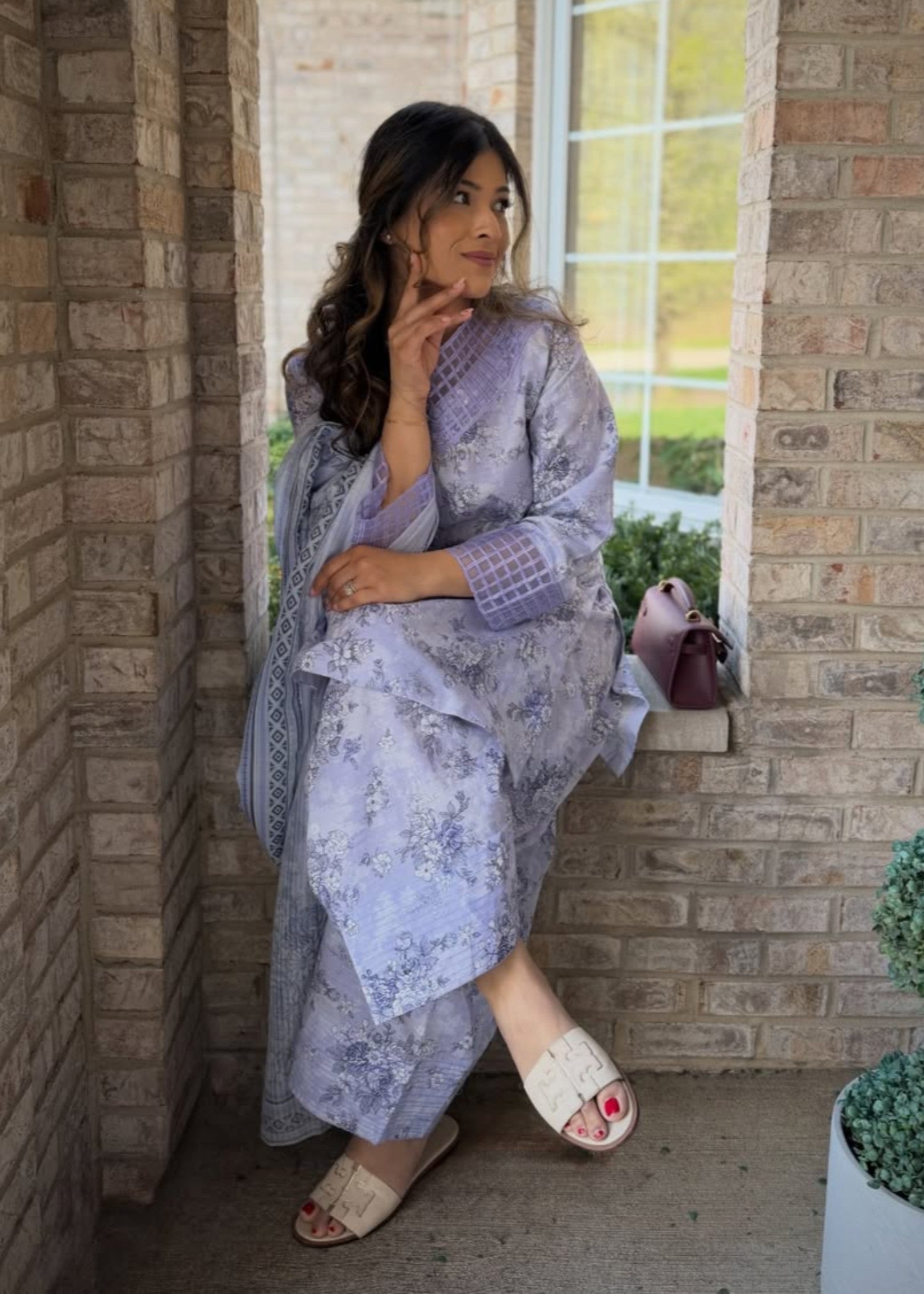 Textured lawn Kurta Set in Mauve