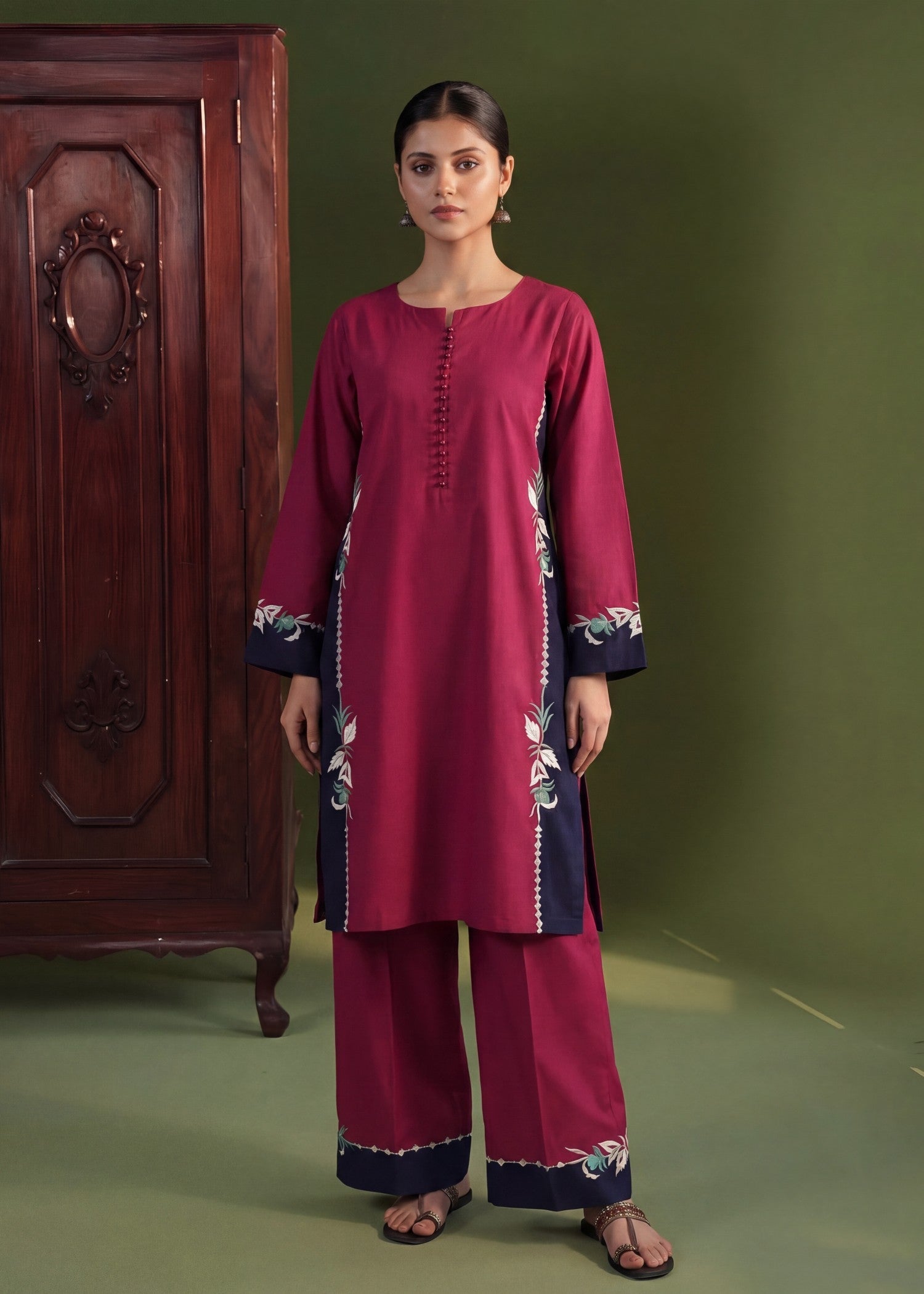 Lawn Kurta Set in Rose red