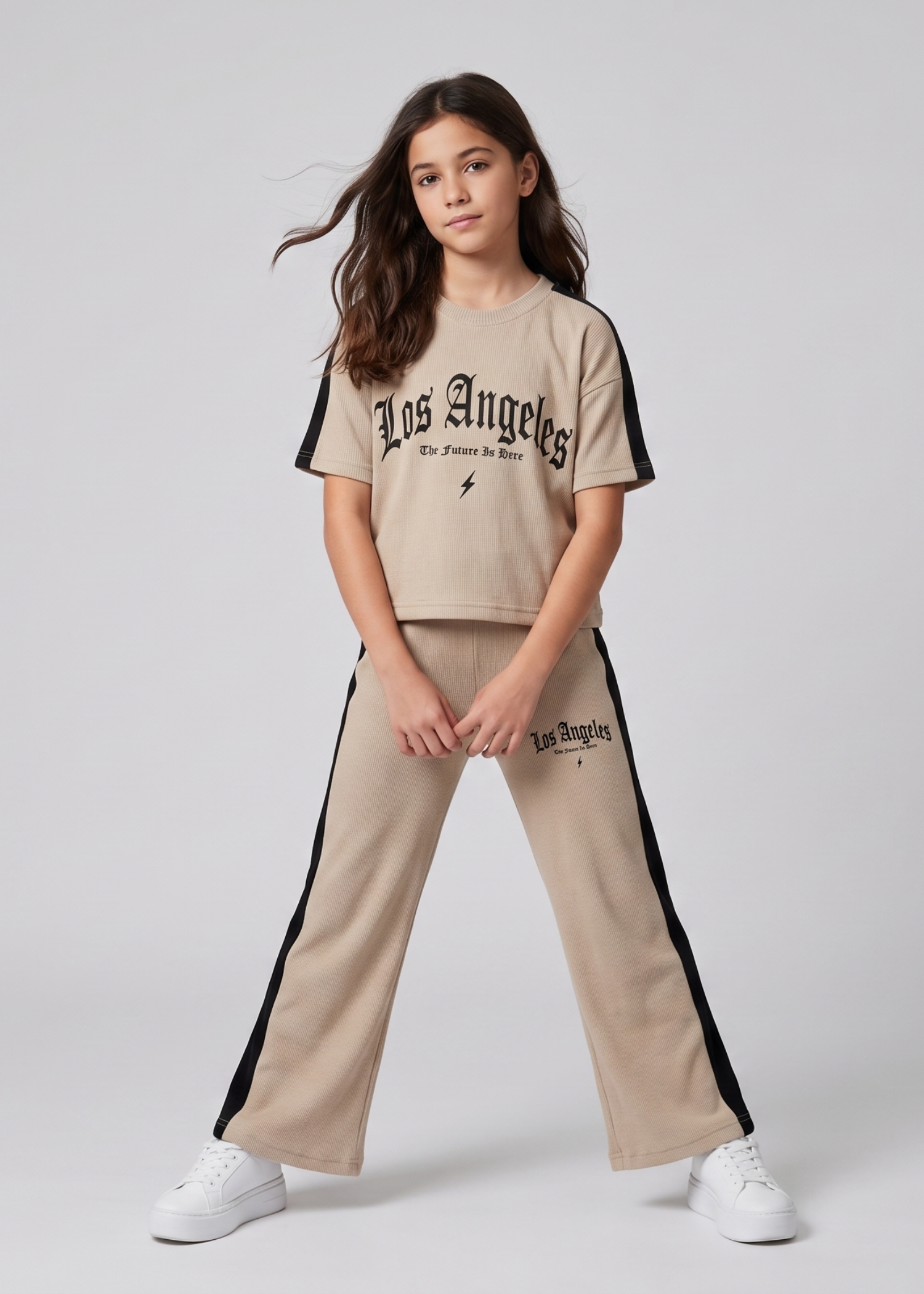 GIRLS-BEIGE-RIBBED-TWO-PIECE-SET-LOS-ANGELES-GRAPHIC-TEE-SIDE-STRIPE-PANTS