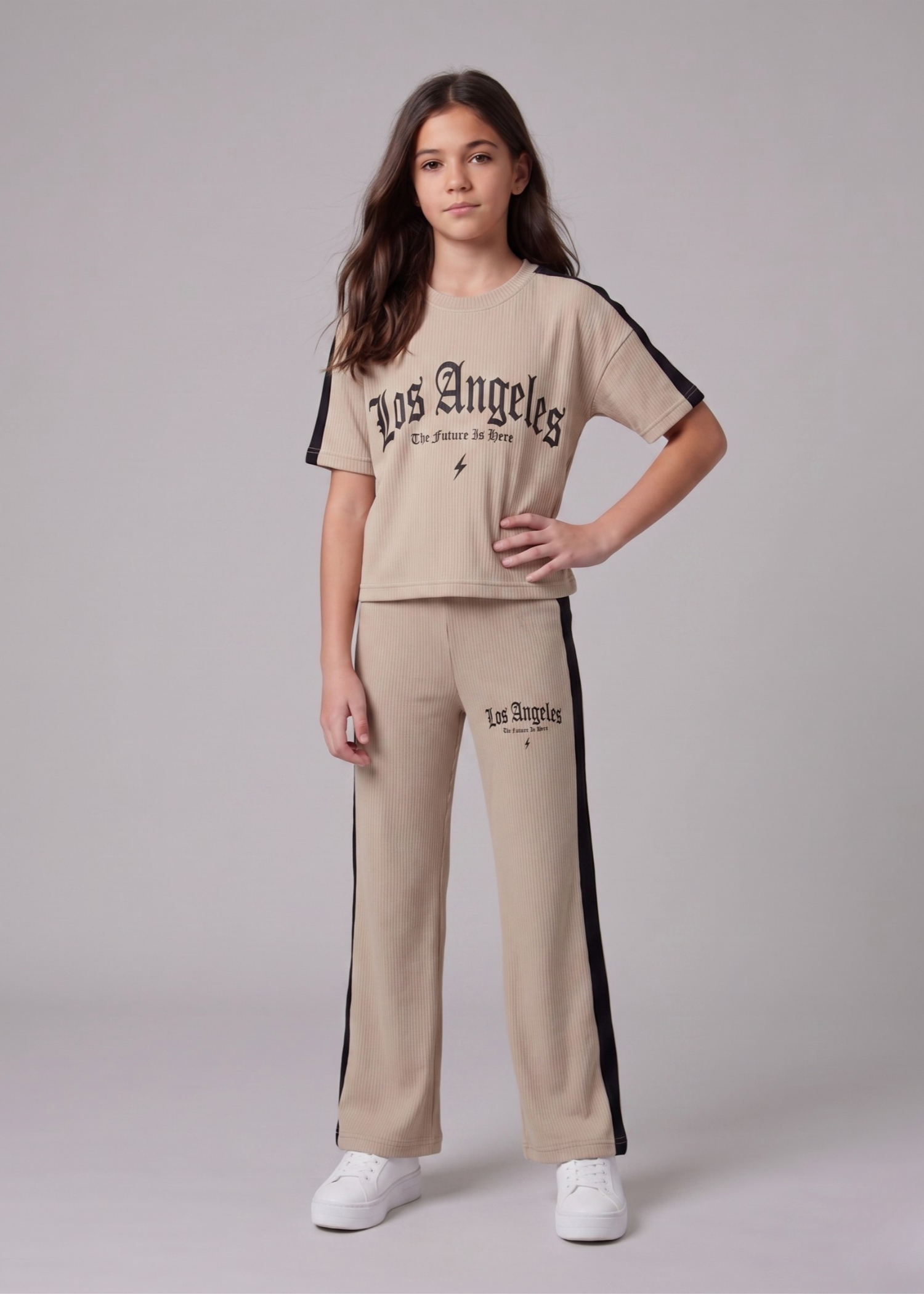 GIRLS-BEIGE-RIBBED-TWO-PIECE-SET-LOS-ANGELES-GRAPHIC-TEE-SIDE-STRIPE-PANTS