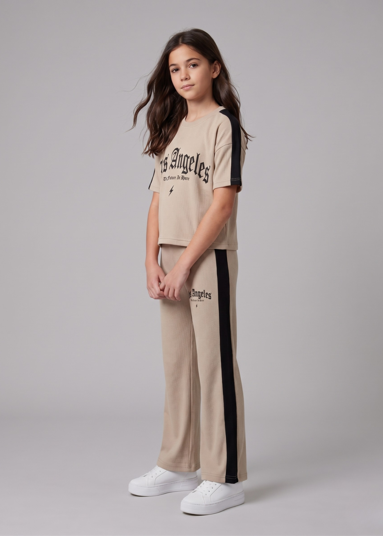 GIRLS-BEIGE-RIBBED-TWO-PIECE-SET-LOS-ANGELES-GRAPHIC-TEE-SIDE-STRIPE-PANTS