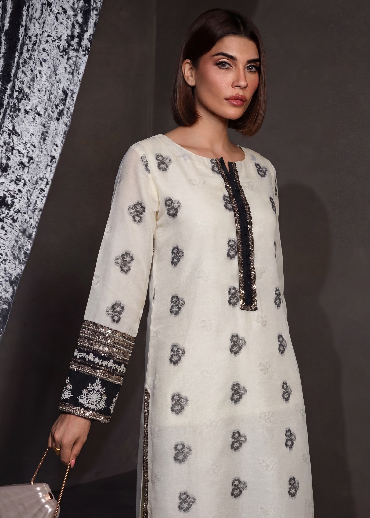 Jacquard Kurta Set in White