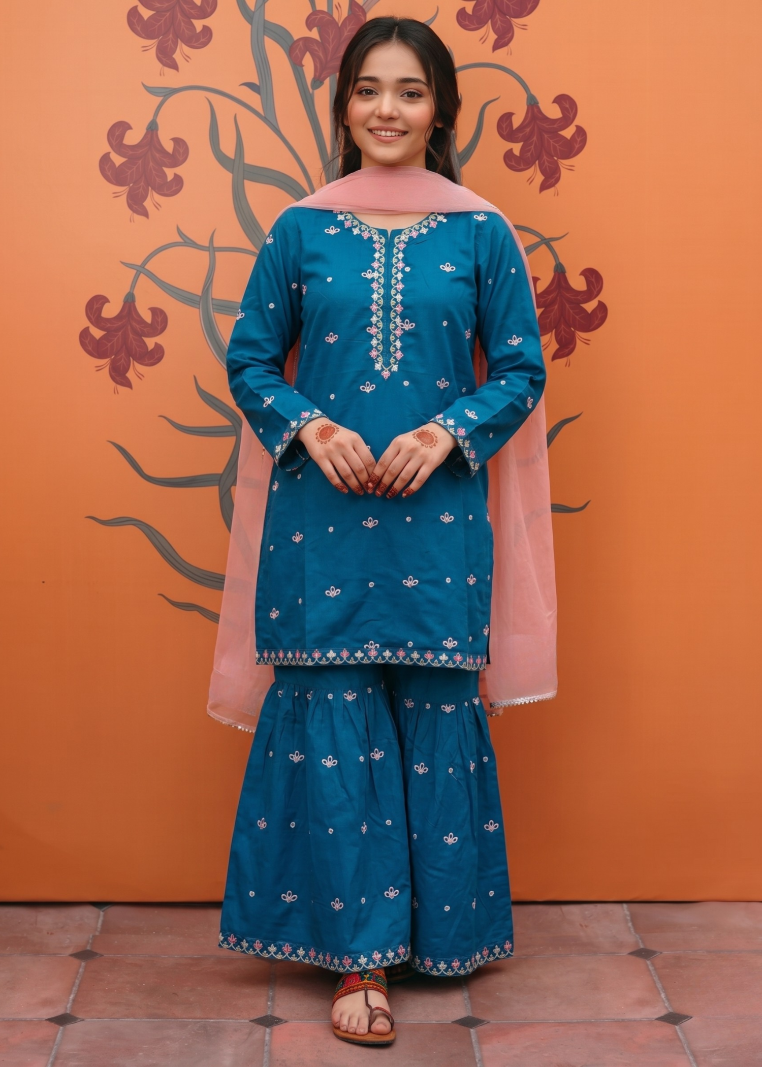 KIDS-BLUE-3PC Suit With Sequence Boring Embroidery Cotton Dress With Contrast Pink Dupatta