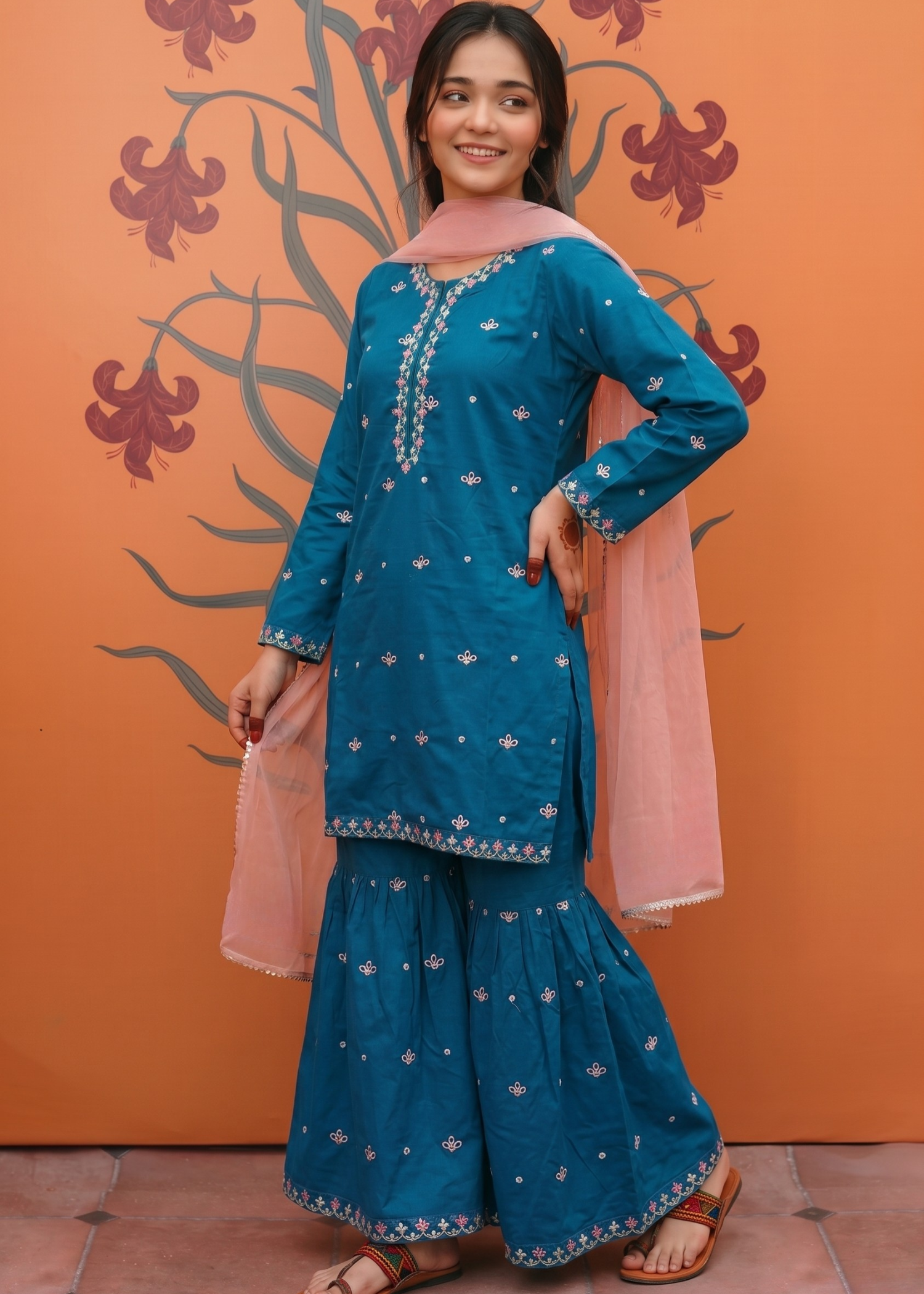 KIDS-BLUE-3PC Suit With Sequence Boring Embroidery Cotton Dress With Contrast Pink Dupatta