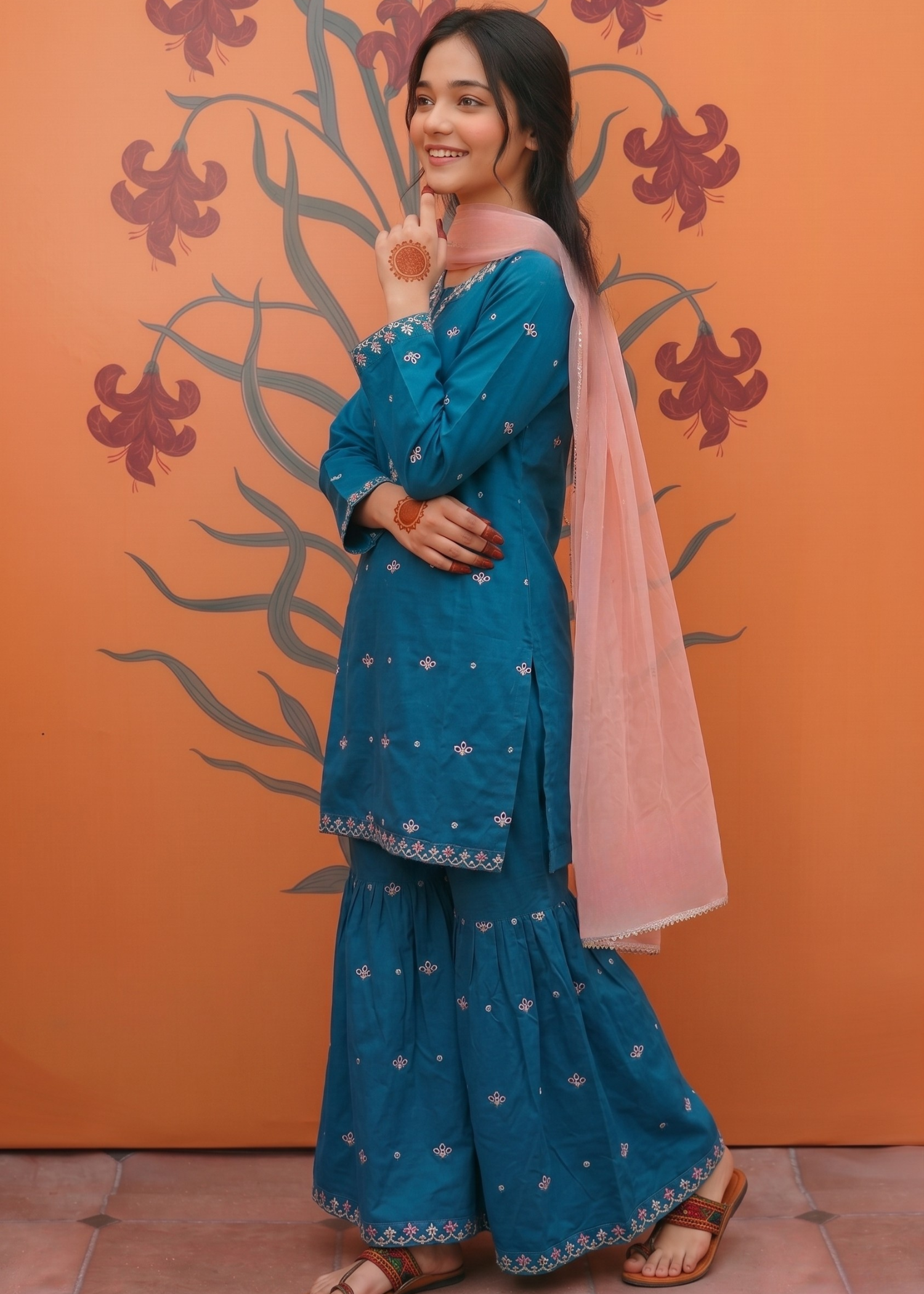 KIDS-BLUE-3PC Suit With Sequence Boring Embroidery Cotton Dress With Contrast Pink Dupatta