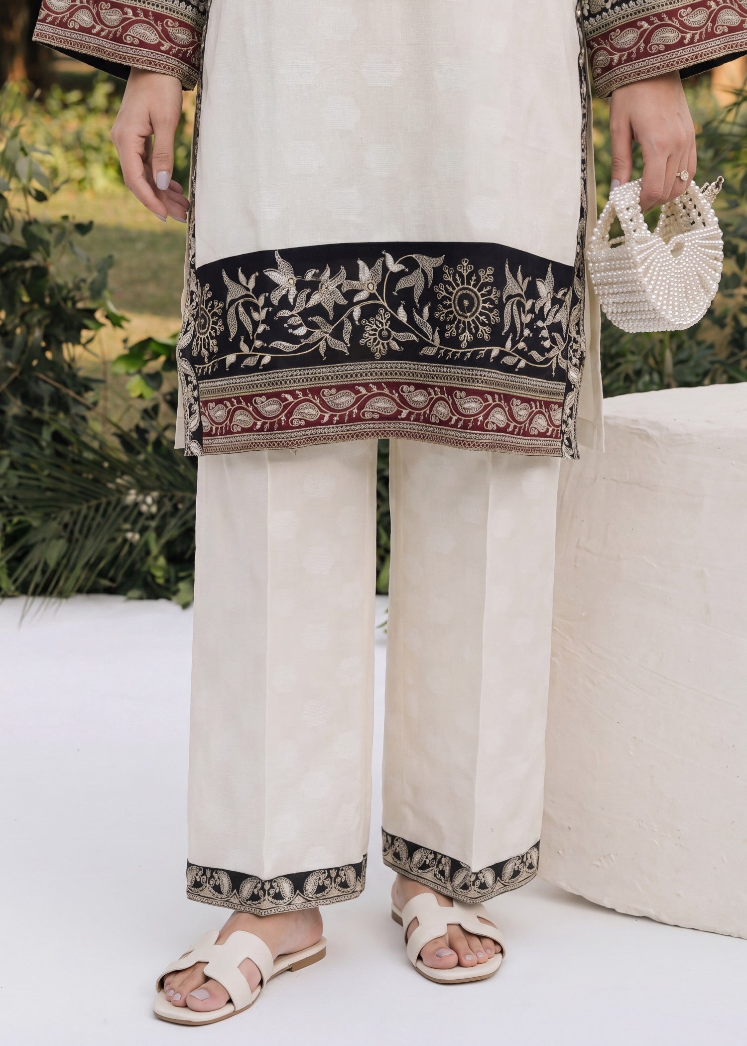 Self jacquard Kurta Set in White