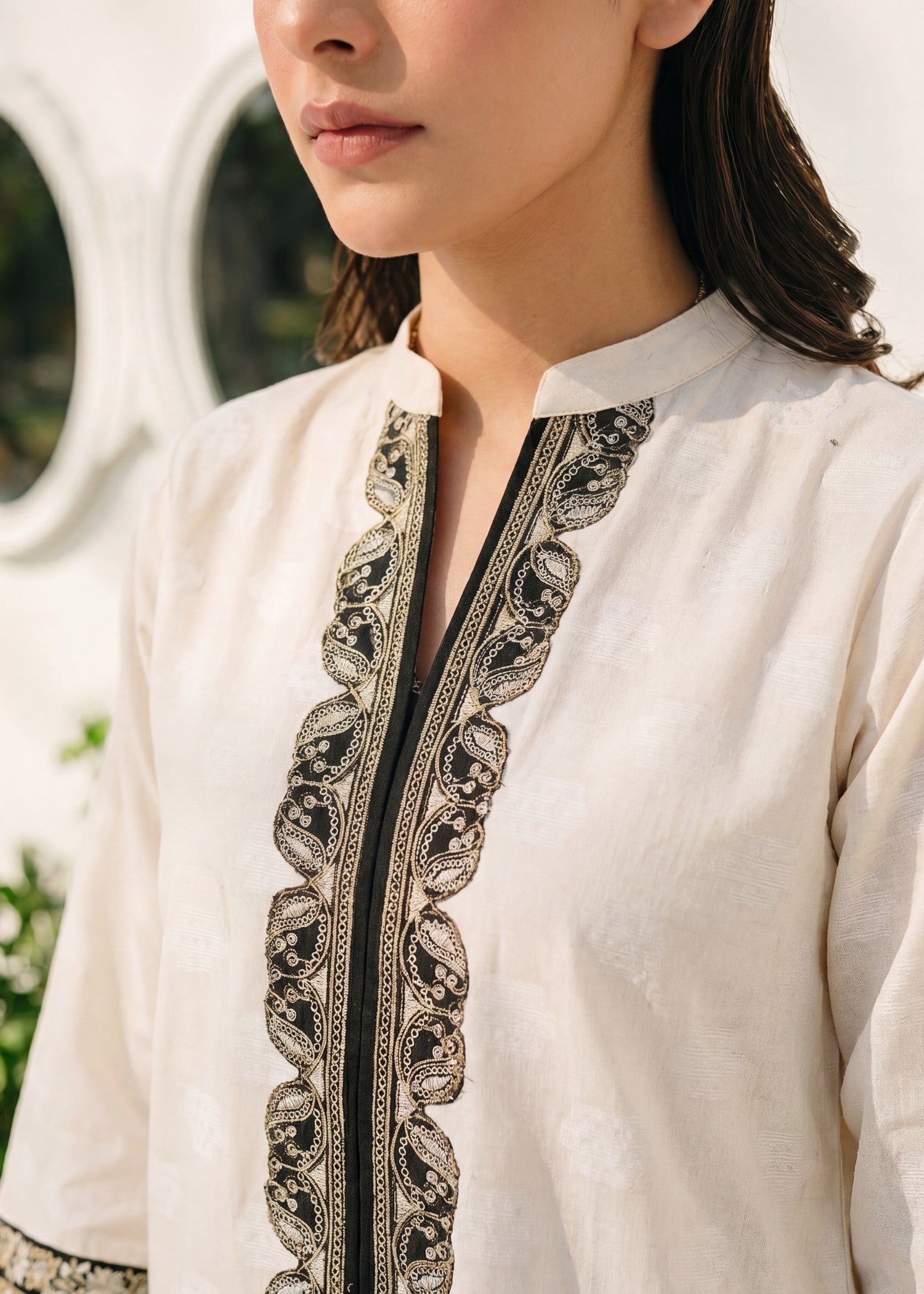 Self jacquard Kurta Set in White
