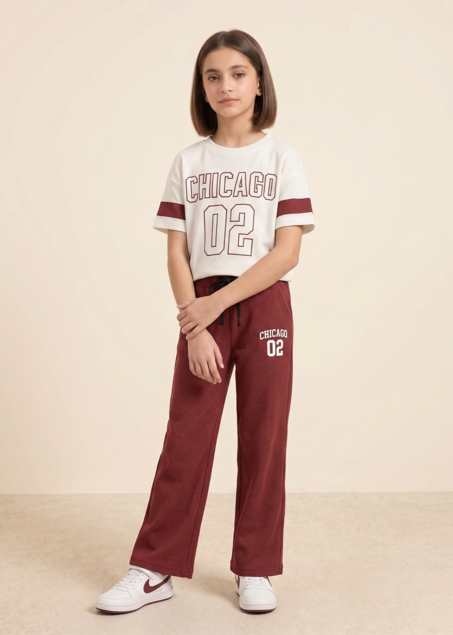 CHICAGO-02 - Premium Ribbed Co Ord Set For Girls Maroon Wide Leg Trousers Graphic Tee