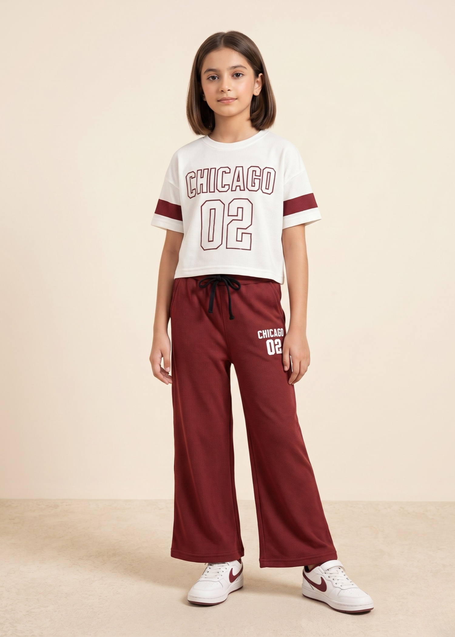 CHICAGO-02 - Premium Ribbed Co Ord Set For Girls Maroon Wide Leg Trousers Graphic Tee