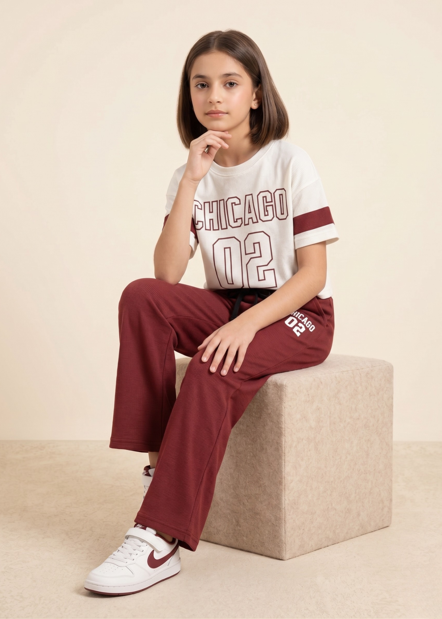 CHICAGO-02 - Premium Ribbed Co Ord Set For Girls Maroon Wide Leg Trousers Graphic Tee