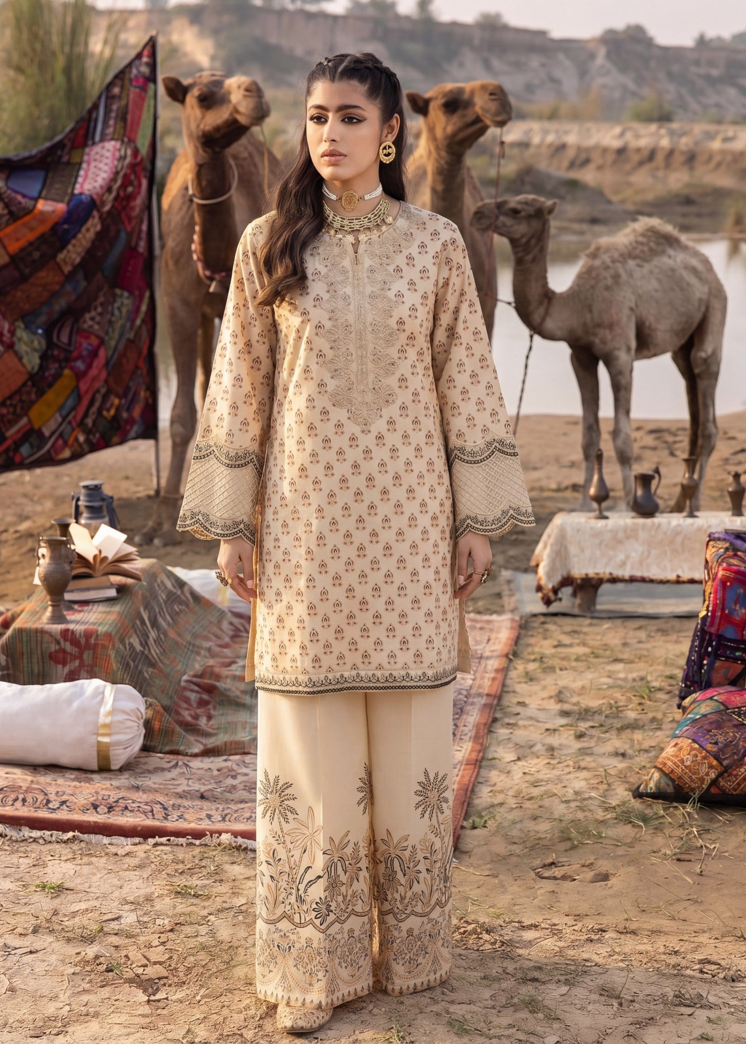 Lawn Kurta Set in Beige