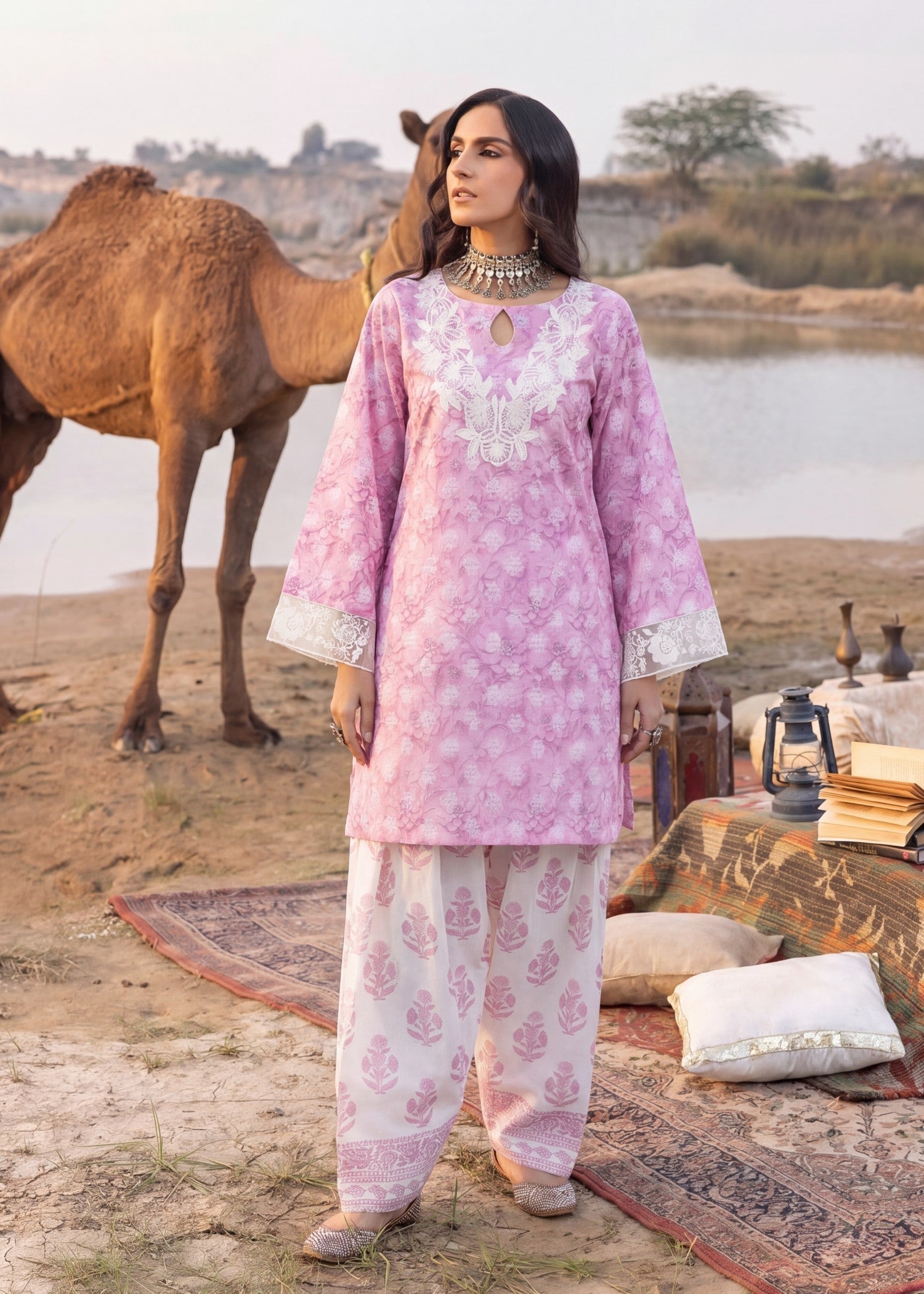Cotton jacquard Kurta Set in Pastel pink