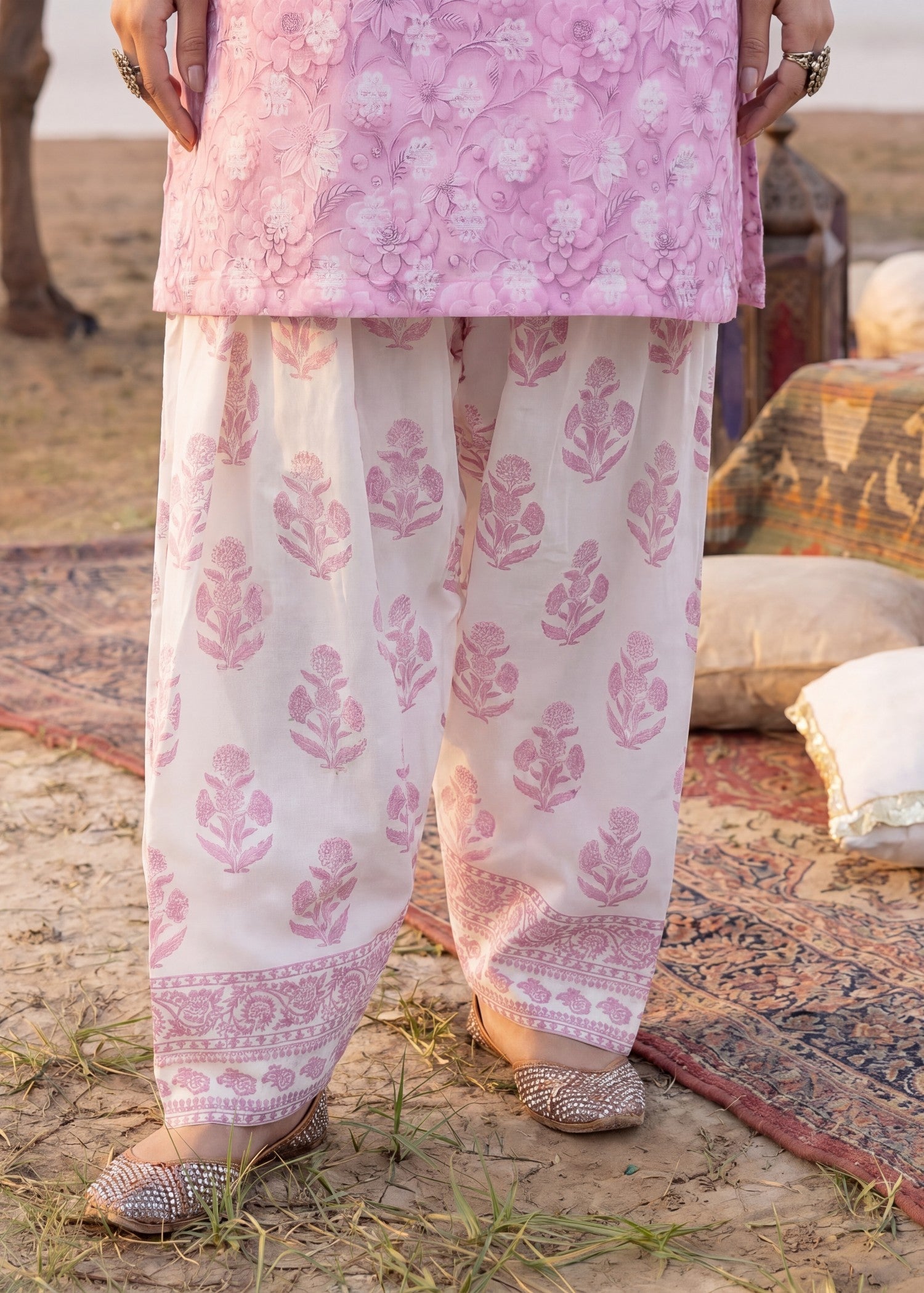 Cotton jacquard Kurta Set in Pastel pink