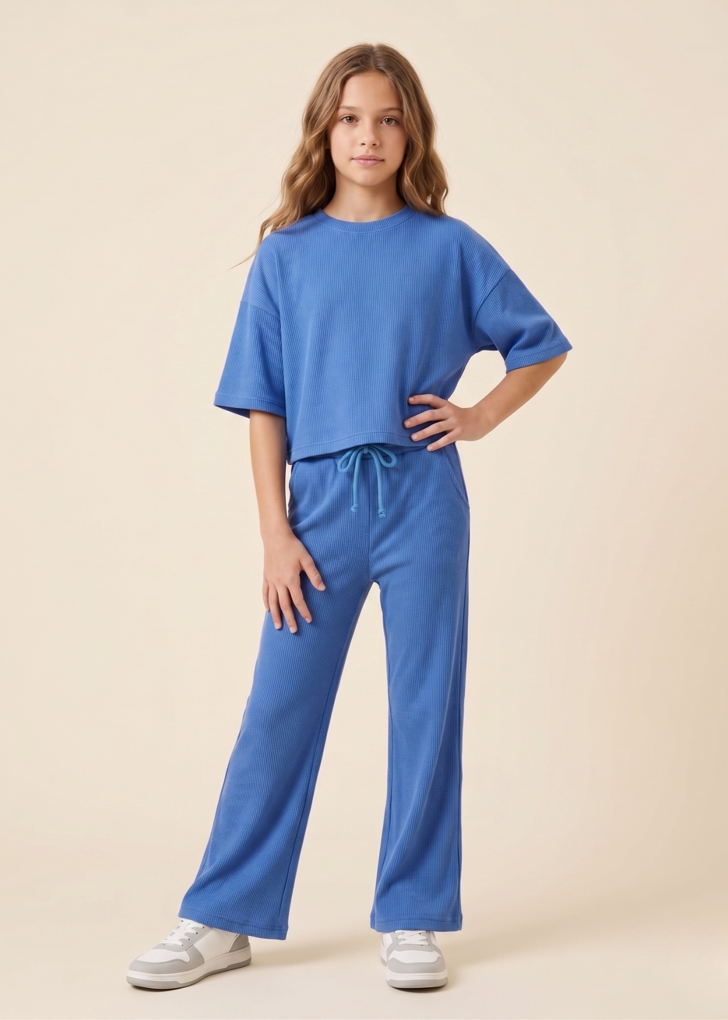 GIRLS-RIBBED-KNIT-CO-ORD-SET-OVERSIZED-BOXY-TEE-WIDE-LEG-PANTS-LOUNGE-SET