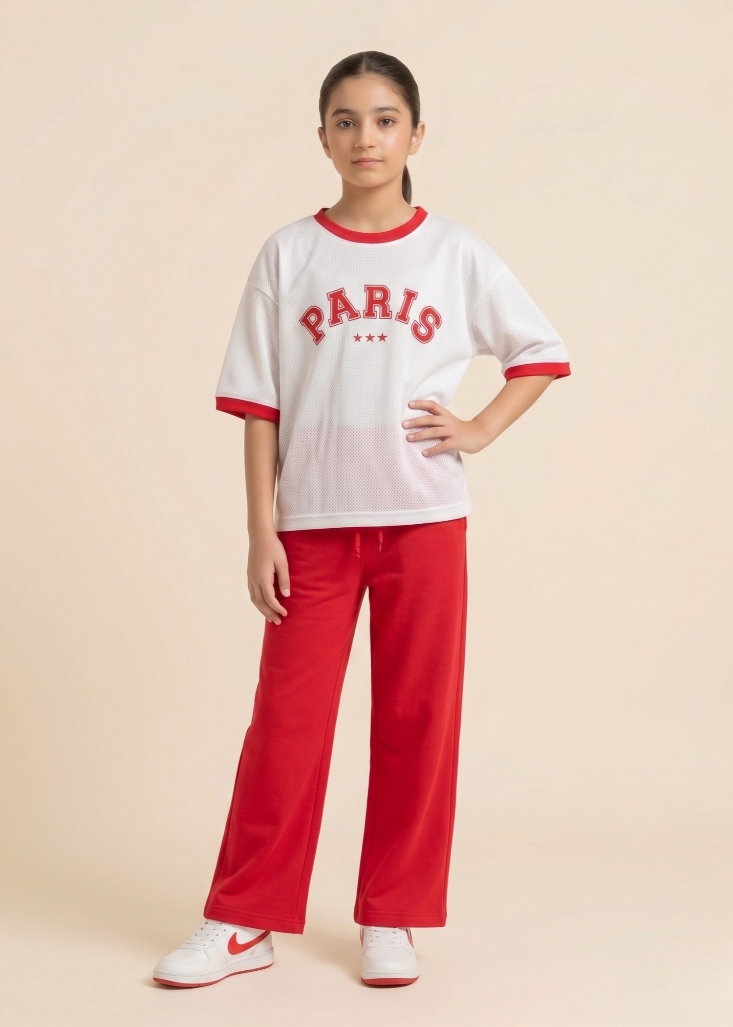 GIRLS-2 - Piece Paris Oversized T Shirt And Wide Leg Trouser Set Red White Sports Luxe Loungewear