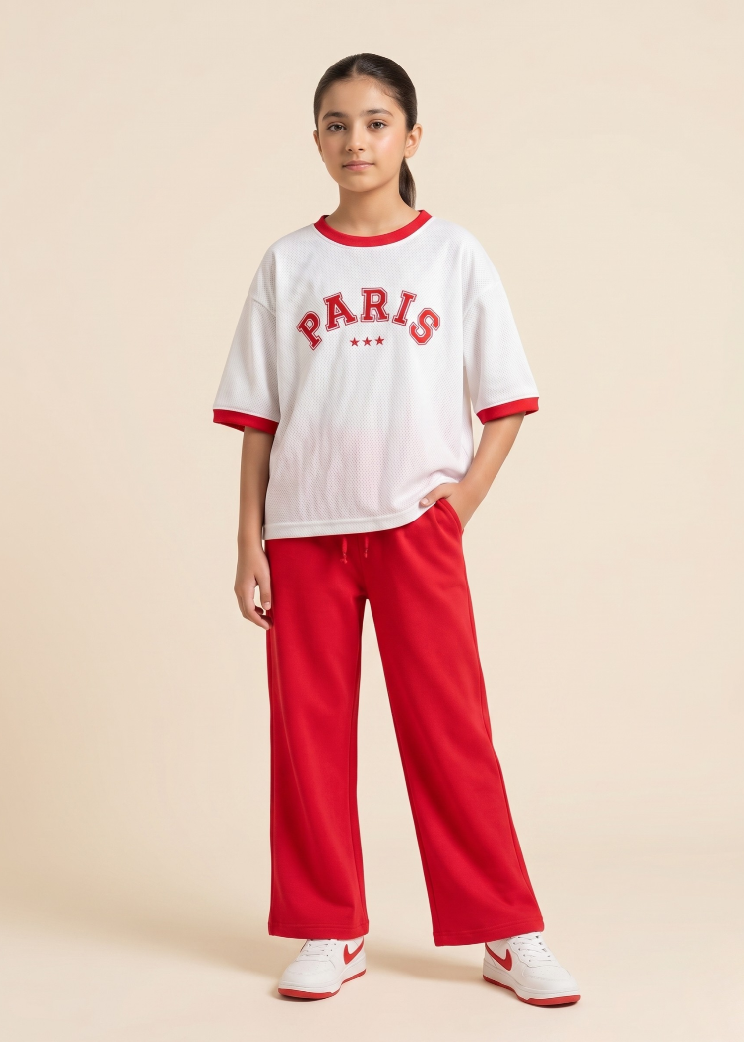 GIRLS-2 - Piece Paris Oversized T Shirt And Wide Leg Trouser Set Red White Sports Luxe Loungewear