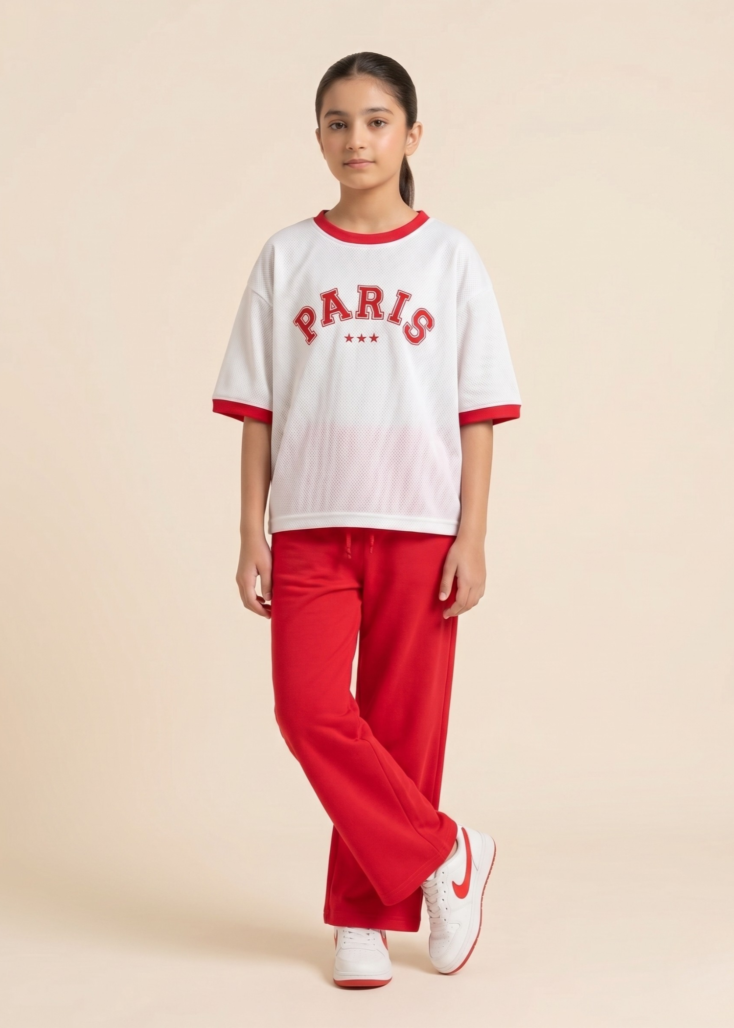 GIRLS-2 - Piece Paris Oversized T Shirt And Wide Leg Trouser Set Red White Sports Luxe Loungewear