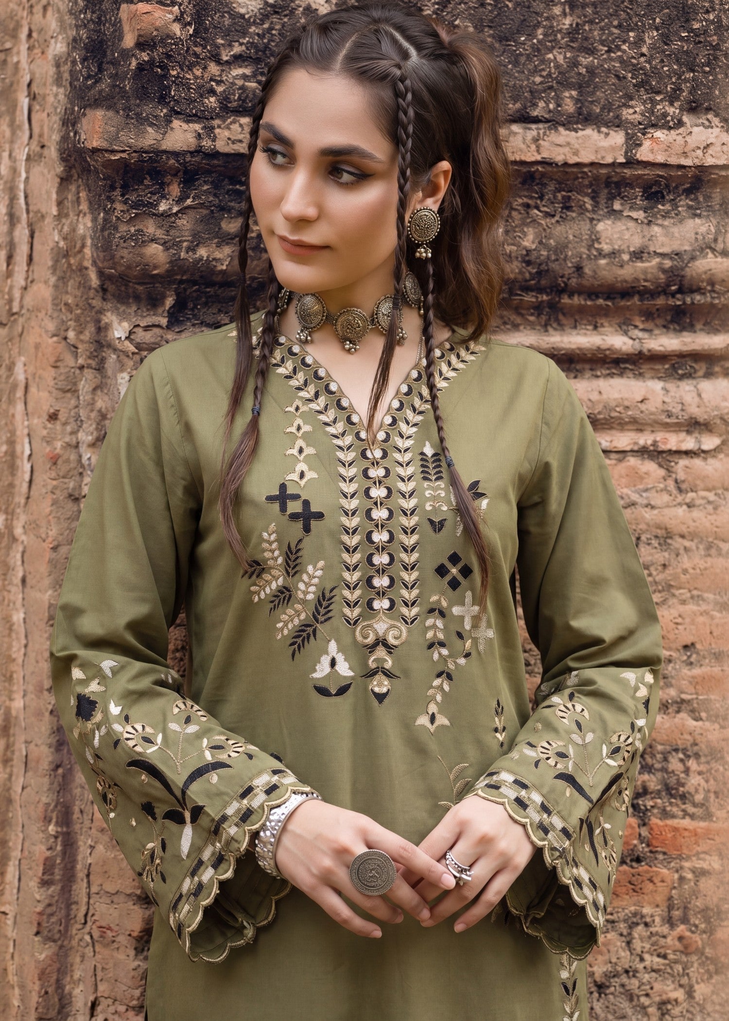 Lawn Kurta Set in Olive green