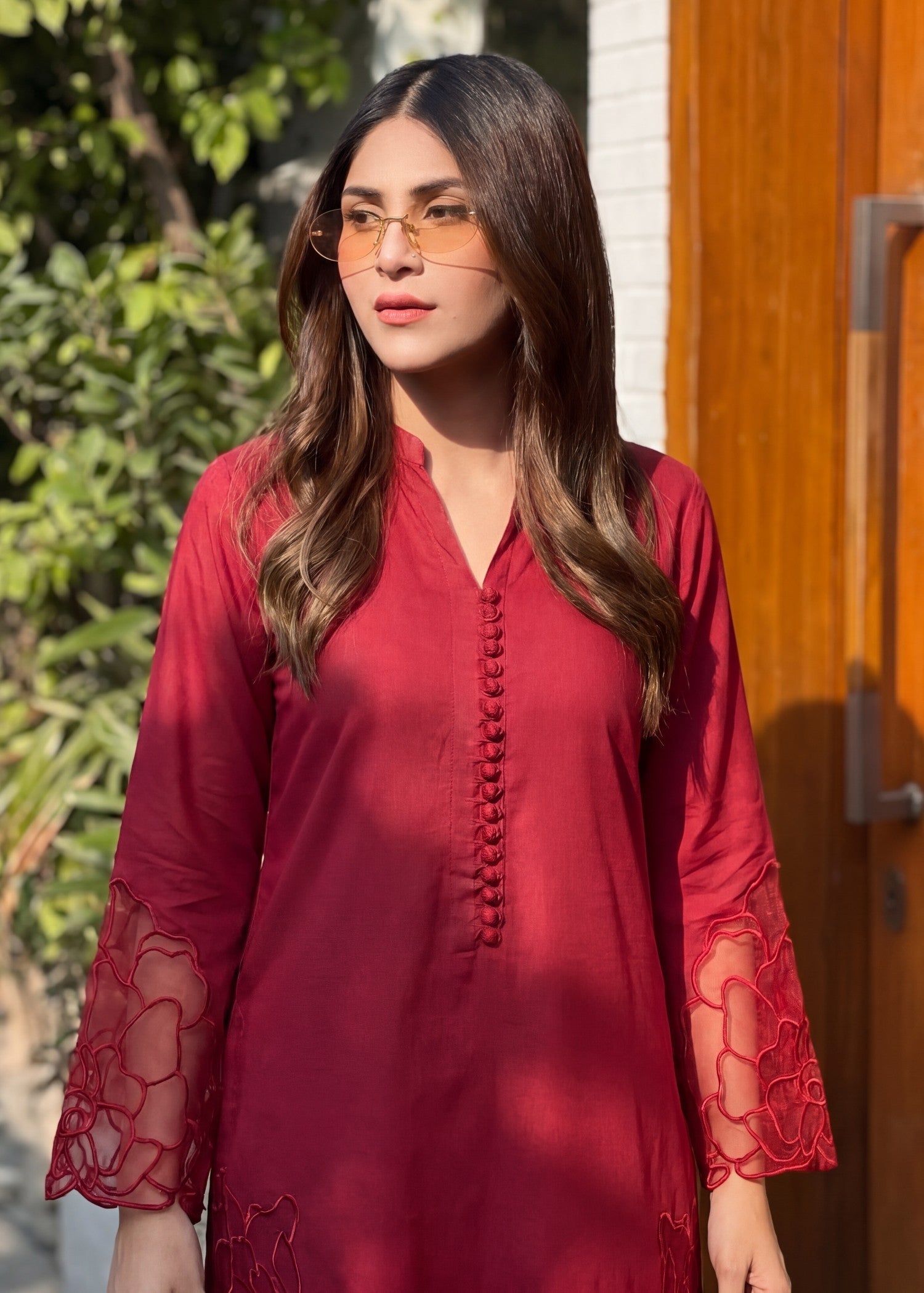 Lawn Kurta Set in Maroon, wine