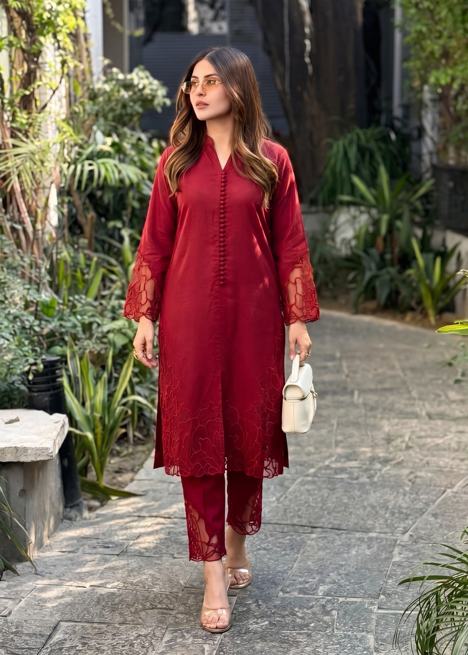 Lawn Kurta Set in Maroon, wine