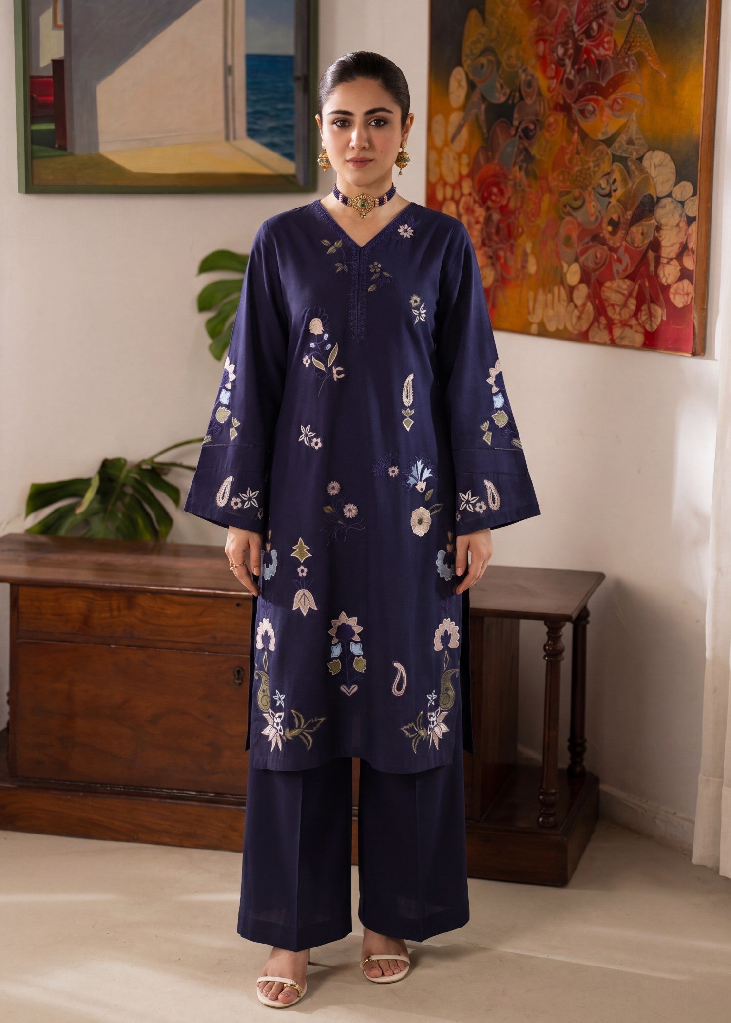 Lawn Kurta Set in Navy blue