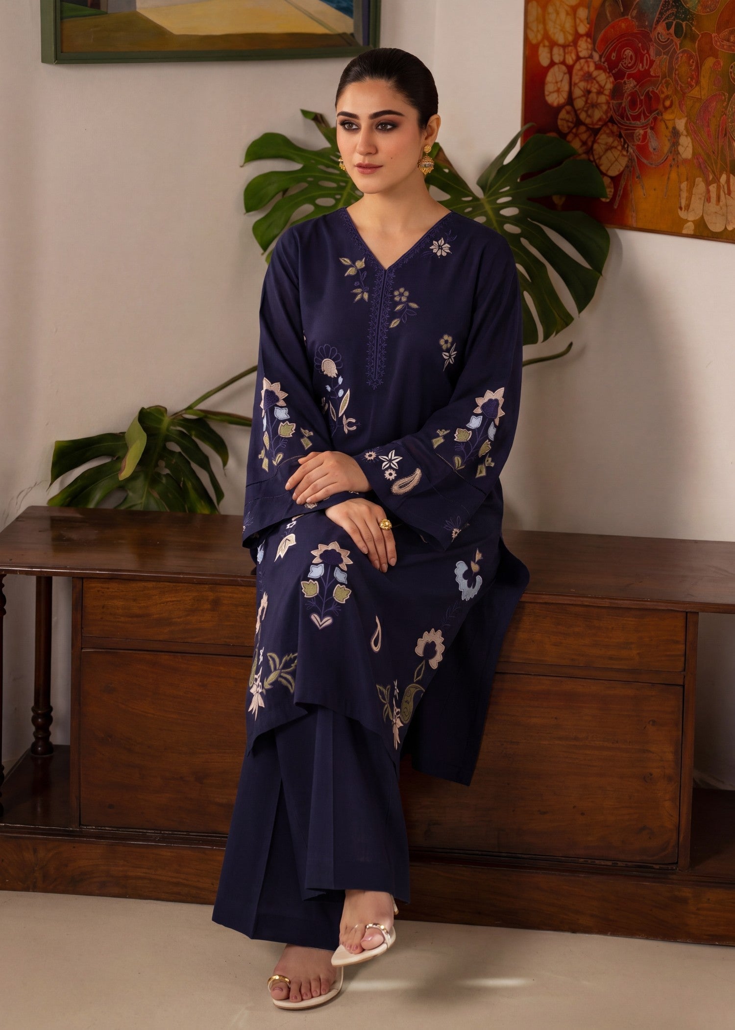 Lawn Kurta Set in Navy blue