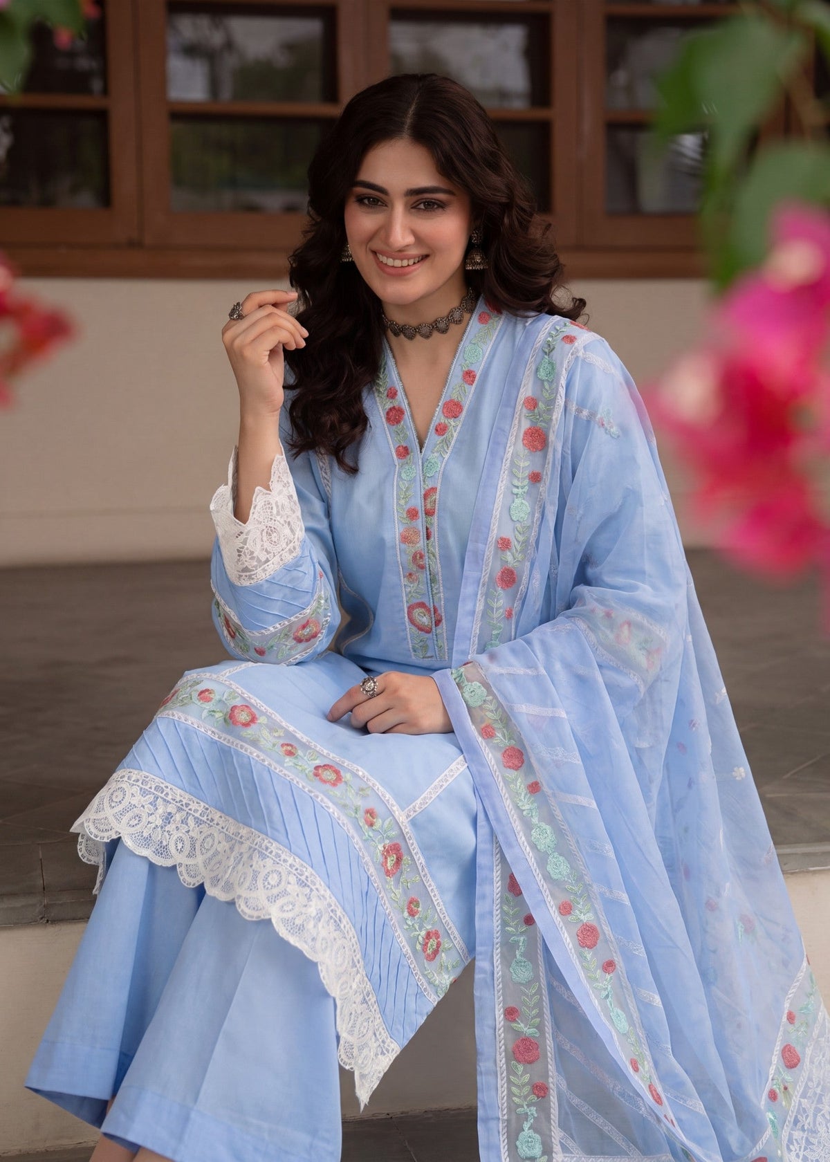 Textured lawn Kurta Set in Sky blue