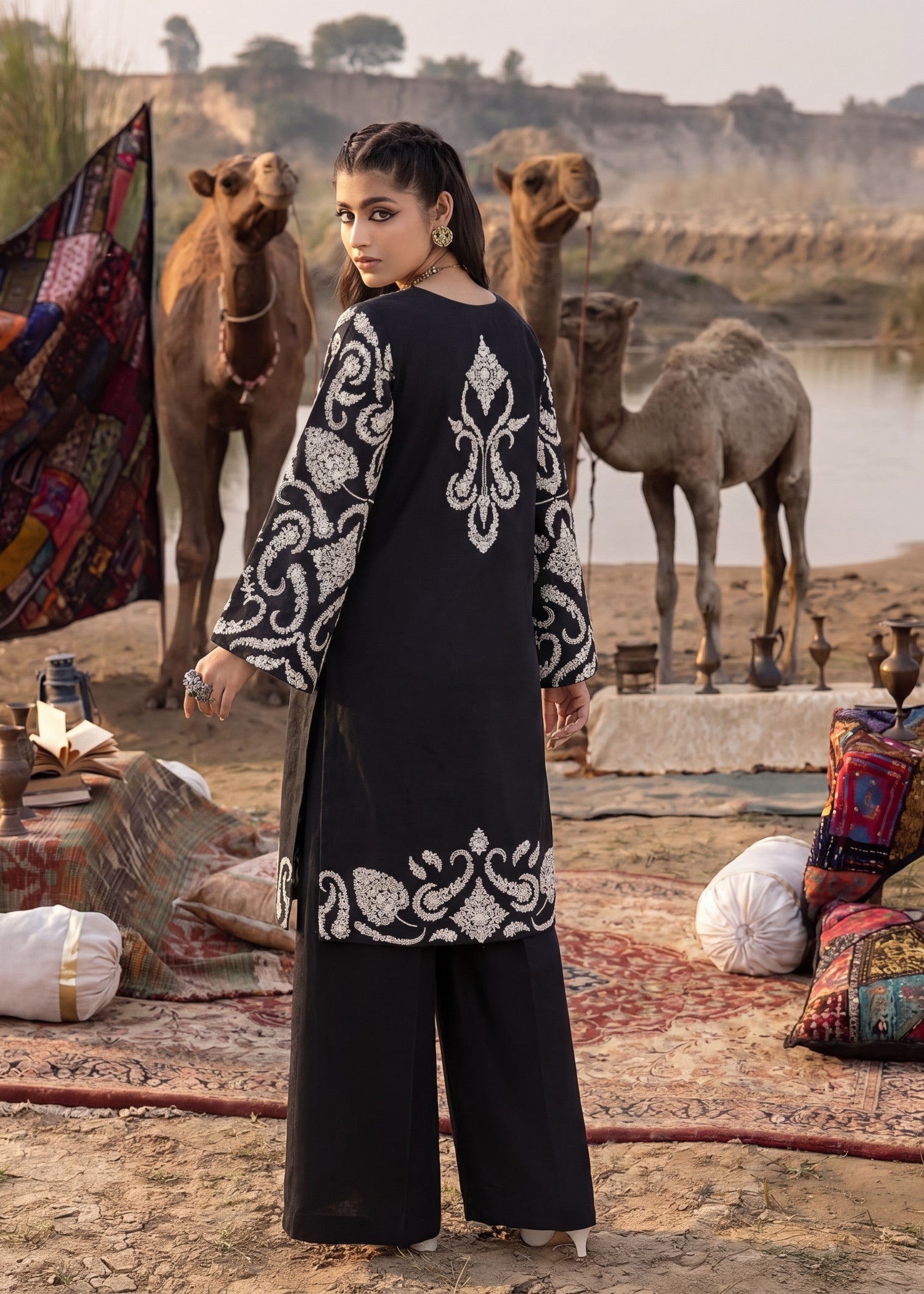 Textured lawn Kurta Set in Black